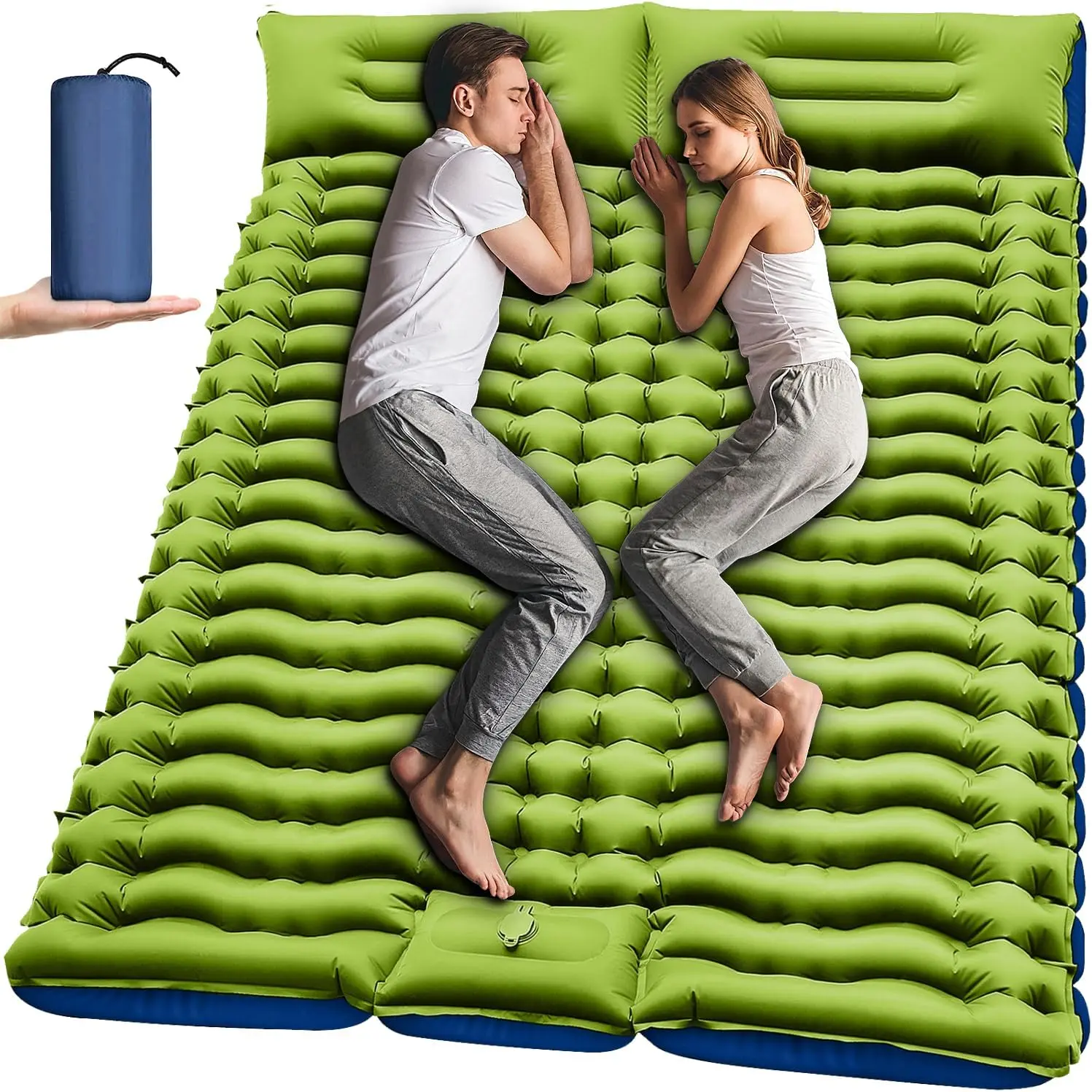 2-Person Double Inflatable Mattress - 4" Extra-Thick Self-Inflating Camping Mat with Built-in Pillow, Foot Pump, Portable for Backpacking, Hiking, Portable Camping, Filling Pump