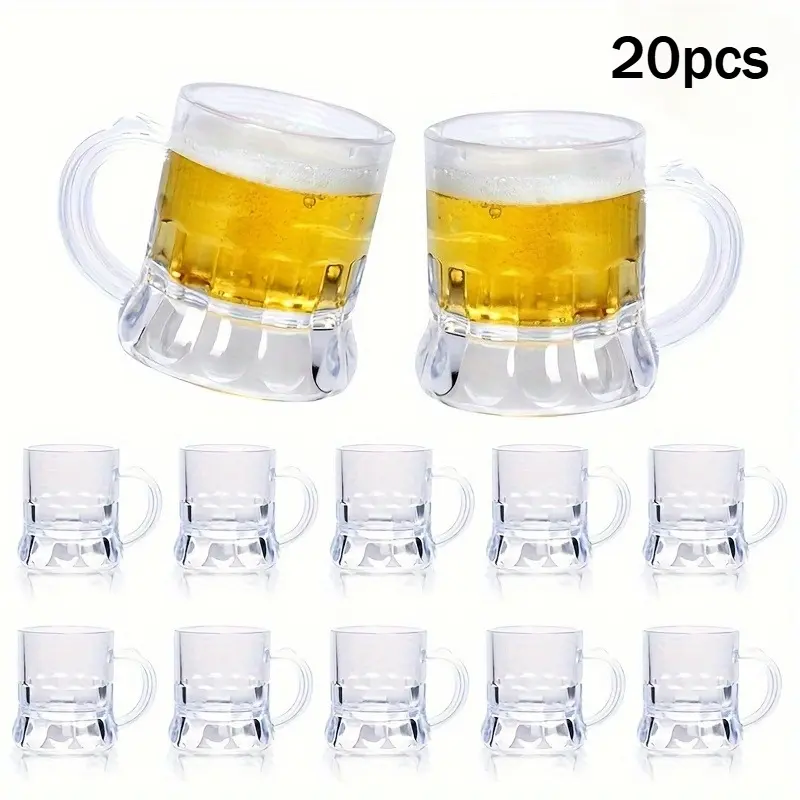 20pcs Transparent Mini Beer Cups with Handles • Plastic Reusable Drinking Glasses for Whiskey Tasting, Beer Festival, Birthday Party • Family Gathering, BBQ And Drinking Games • 1oz Drinking Games