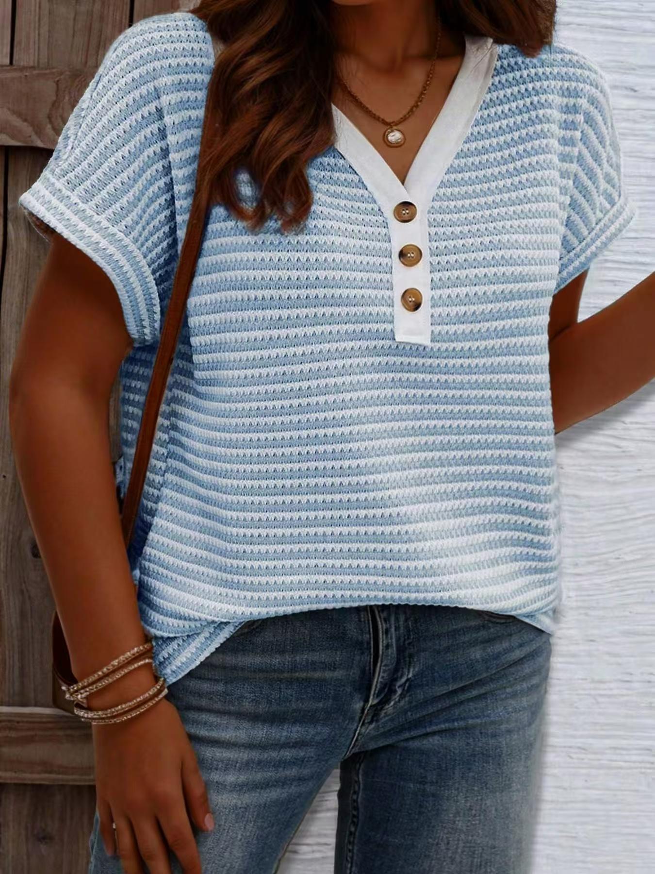 【Plus Size】 Striped Print V Neck Fitted Tee, Casual Short Sleeve T-shirt Top for Daily Wear, Women Clothing for All Seasons