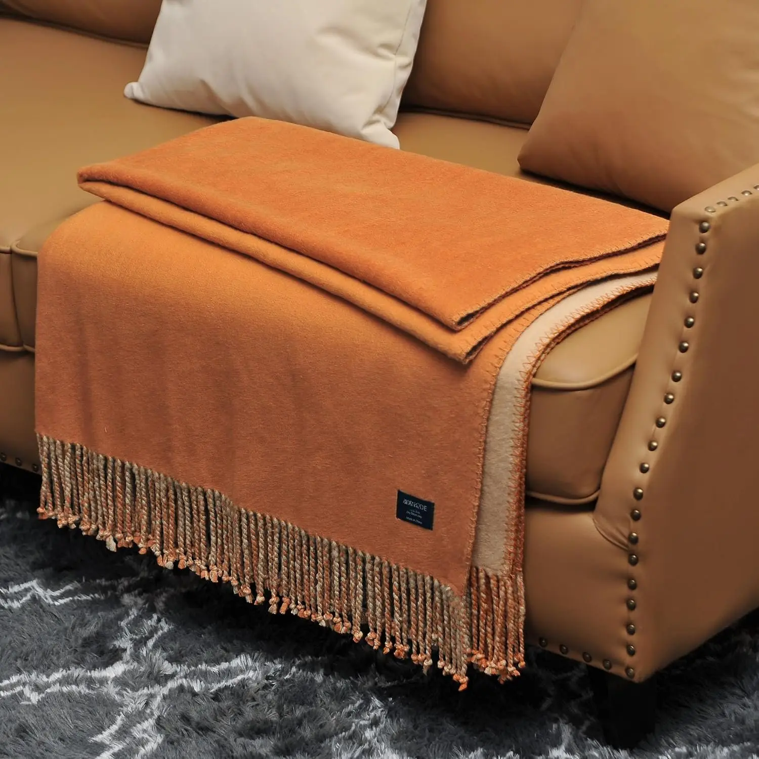 Reversible Fringed Mulberry Silk Throw Blanket for Sofa (Caramel/Beige)