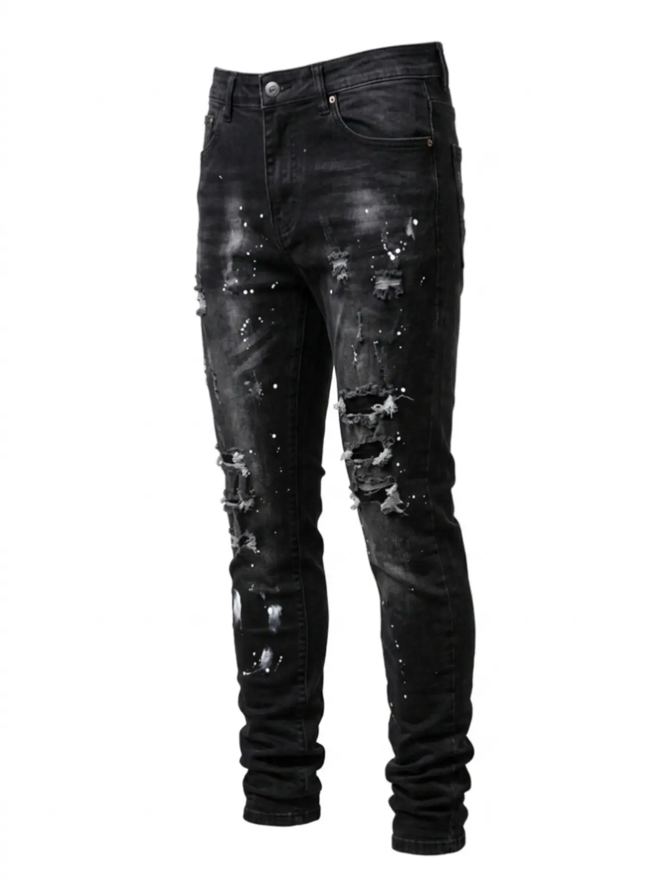 Men's Vintage Washed Slim Fit Jeans Trouser, Vintage Distressed Style, Multi-Hole Splatter Graffiti Distressed Straight Leg, Hip Hop Y2K Streetwear Casual Jeans Menswear Casual Pants