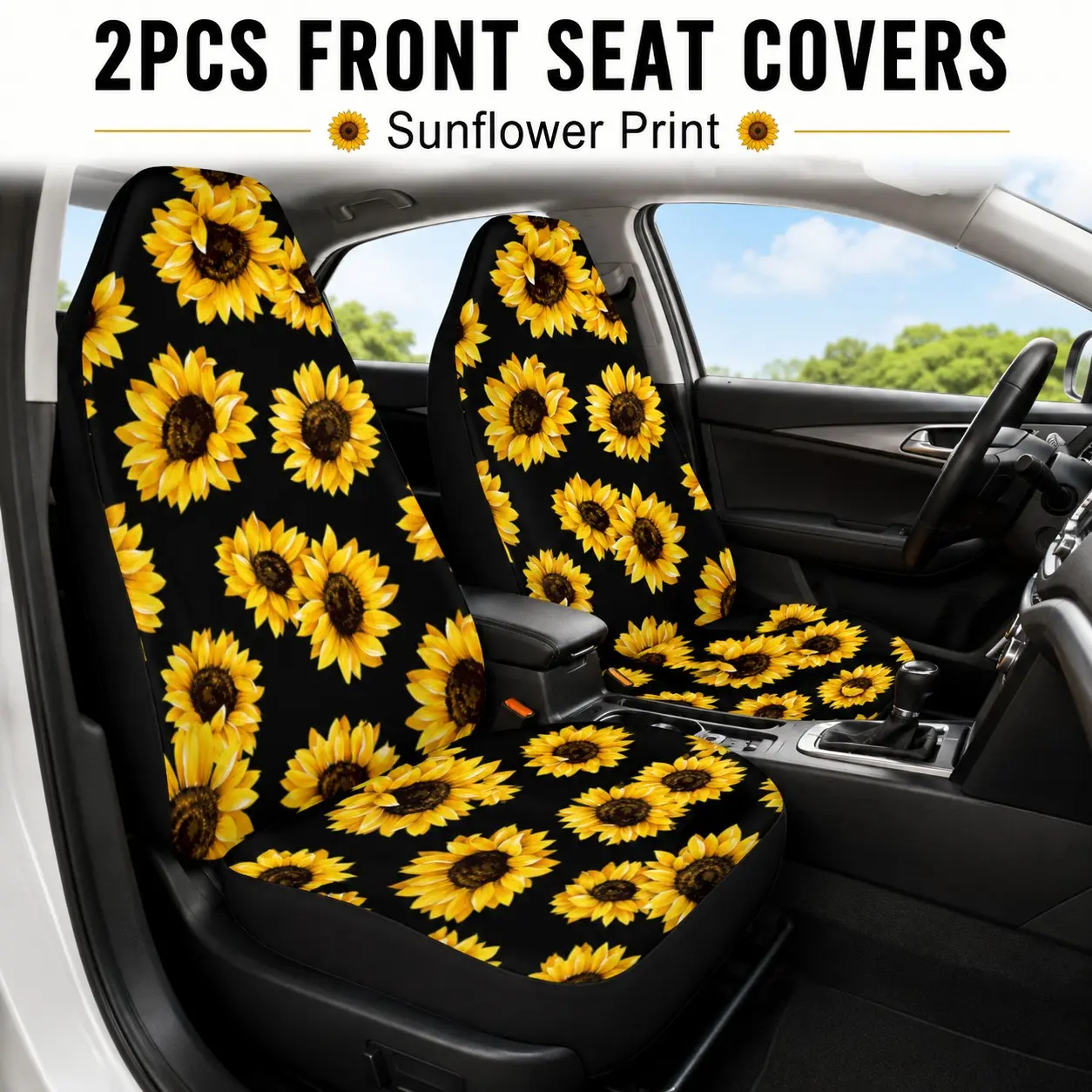 2pcs Sunflower Print Car Seat Covers, Universal Fit Stretch Fabric, Flower Pattern, Auto Interior Accessories for Sedan Suv Truck, Automotive Seat Covers