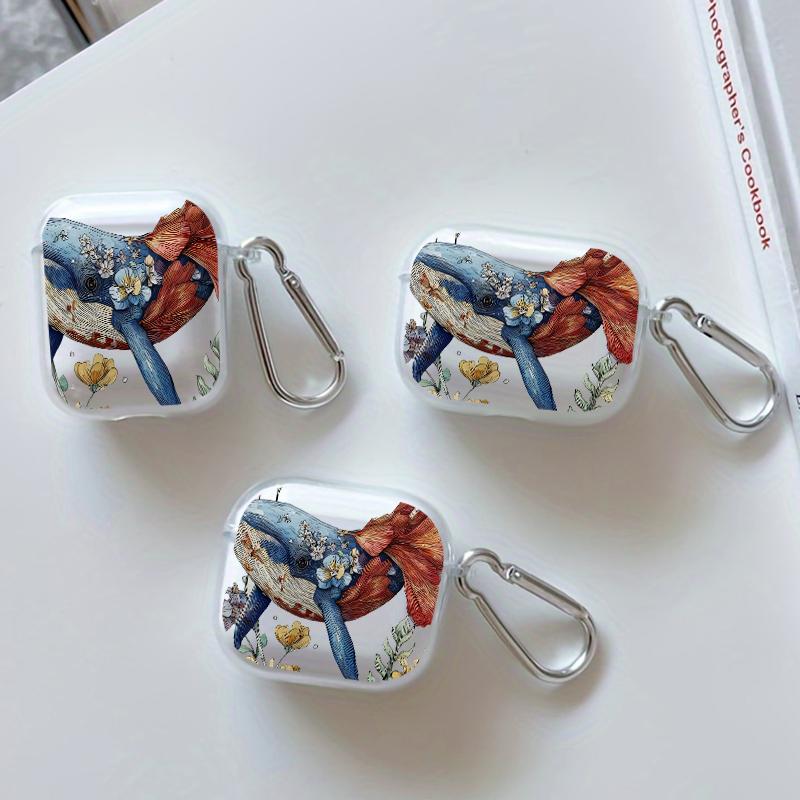 Whale in Bloom Pattern TPU Soft Protective Case for Apple AirPods 4/3/2/1/Pro/Pro2 Transparent Earphone Cover with Keychain Attachment