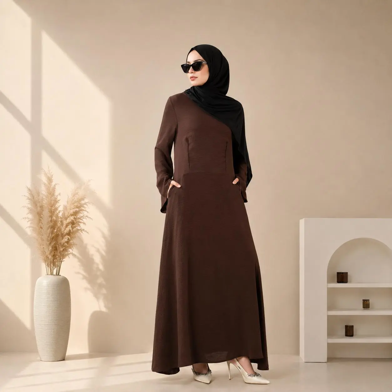 High Waist Crepe Abaya A-Line Pockets Back Zip Modest Maxi (MA432)