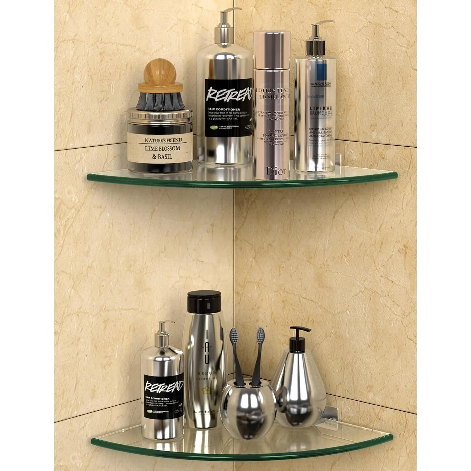 Bakzon 2-Pack 9.5in Triangular Tempered Glass Corner Mount Shower Shelves, No-Drill Adhesive-Screw Installation, 22LB Heavy-Duty Bathroom Organizer with Rustproof Aluminum Brackets, Smooth Easy-Cleaning Renter-Friendly Gift, 9.5 In