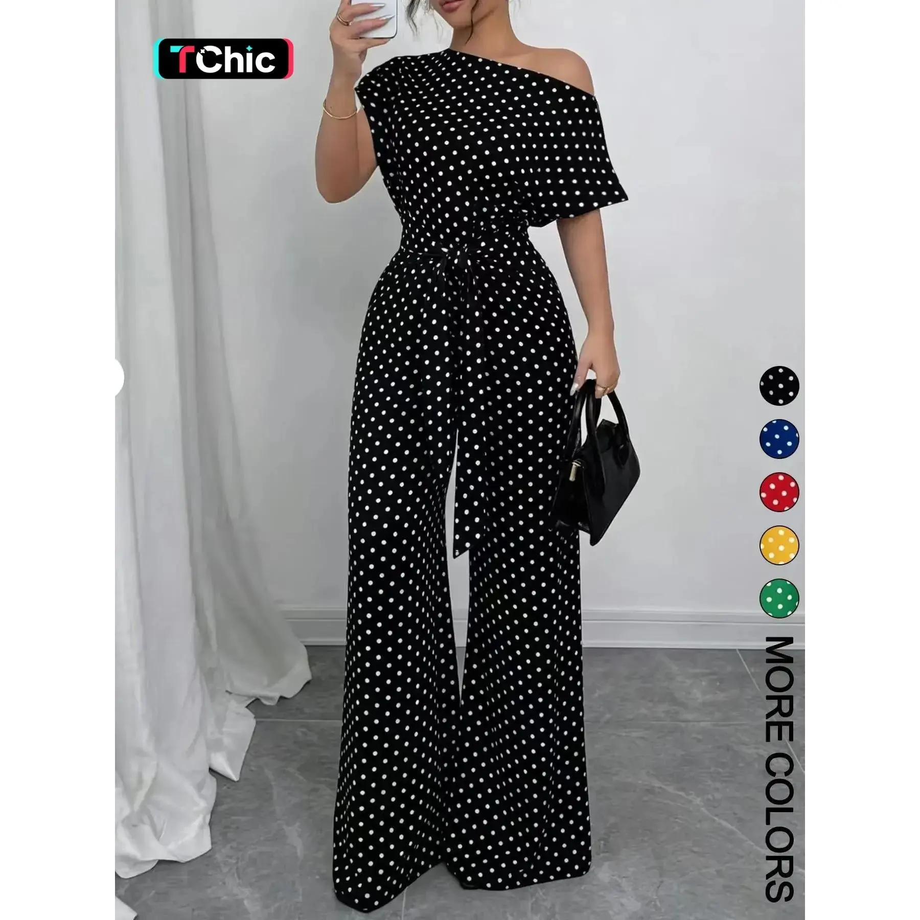 Women's Chic One Piece Jumpsuit, Asymmetrical One‑Shoulder Design, Short Sleeve Cut, Waist Belt Tie for Flattering Silhouette.