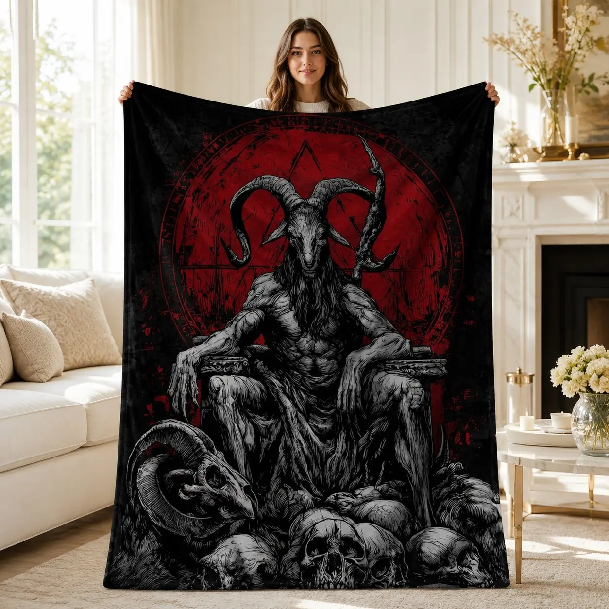 1PC Dark Red Black Goat Demon Skull Rune Print Flannel Blanket, Soft Skin-Friendly Anti-Pilling Machine Washable Lightweight Throw Blanket, All Seasons For Adults Home Sofa Office Nap RV Camping Gothic Niche Style Gift Decor Blanket