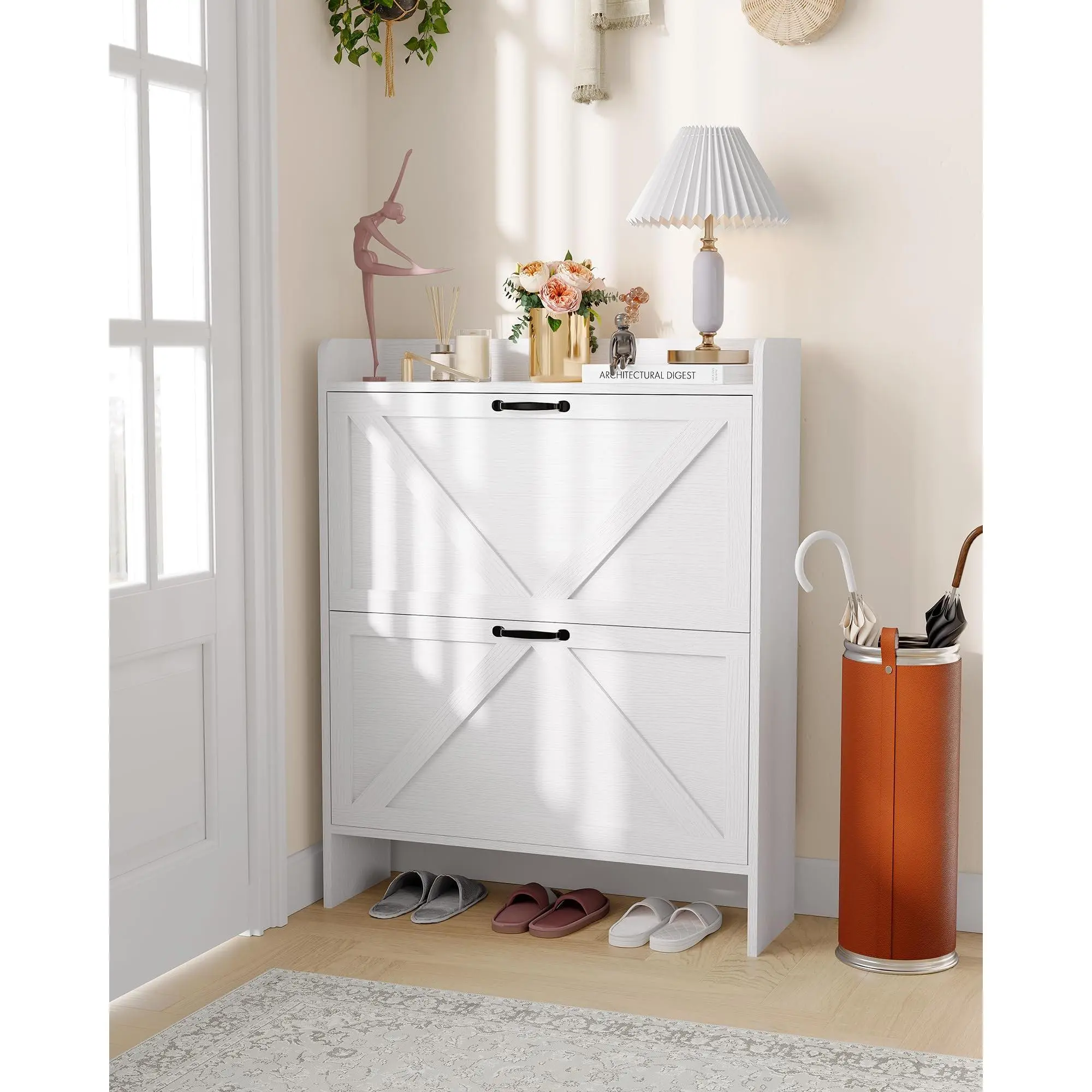 Shoe Storage Cabinet with 2 Flip Drawers, Freestanding Hidden Shoe Organizer with Metal Handle, Slim Shoe Rack for Hallway Living Room Apartment