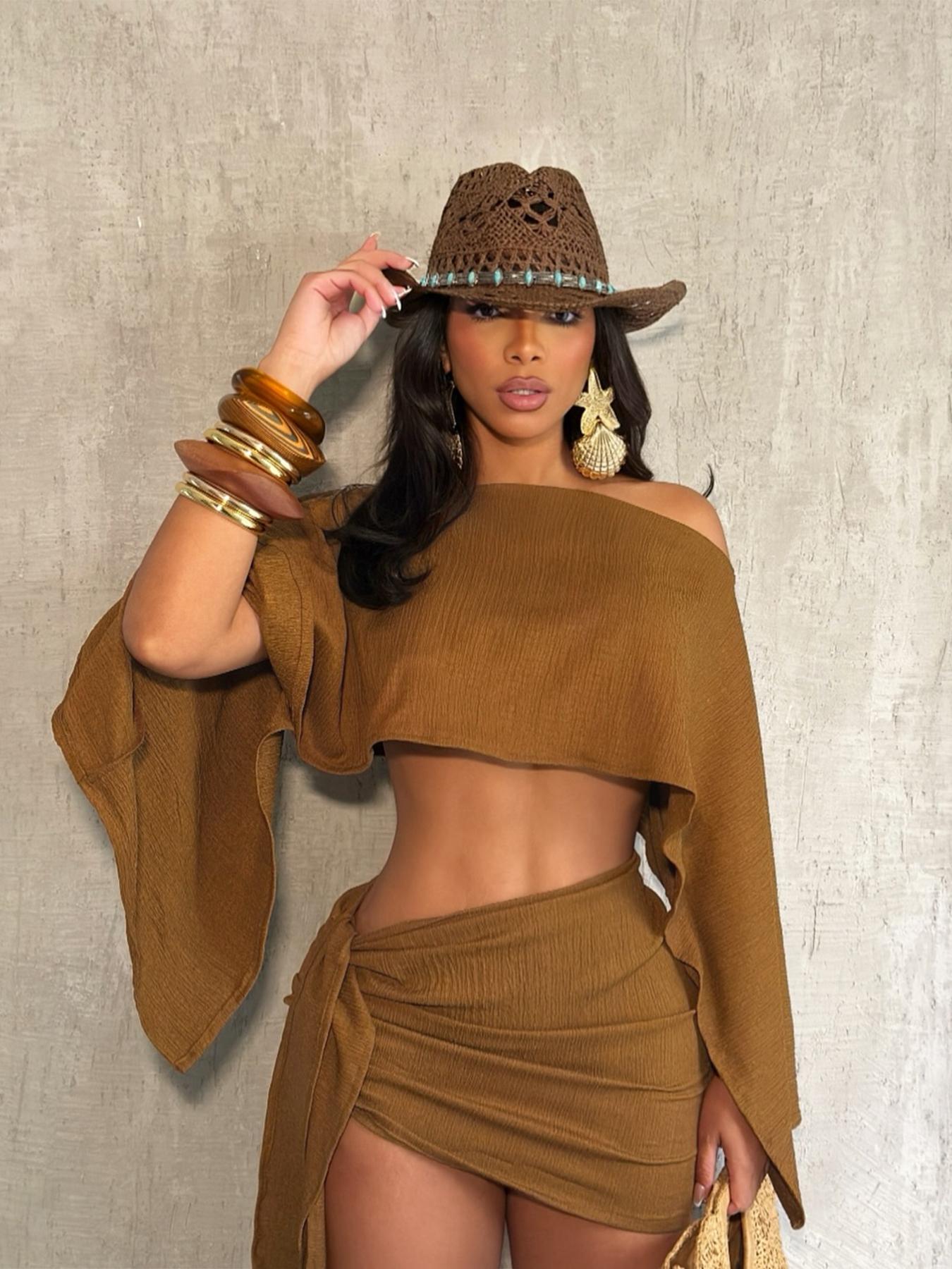 Women's Fashionable Asymmetrical Neckline Top & Bodycon Skirt Set, Elegant Sexy Beach Vacation, Stylish Summer Clothing