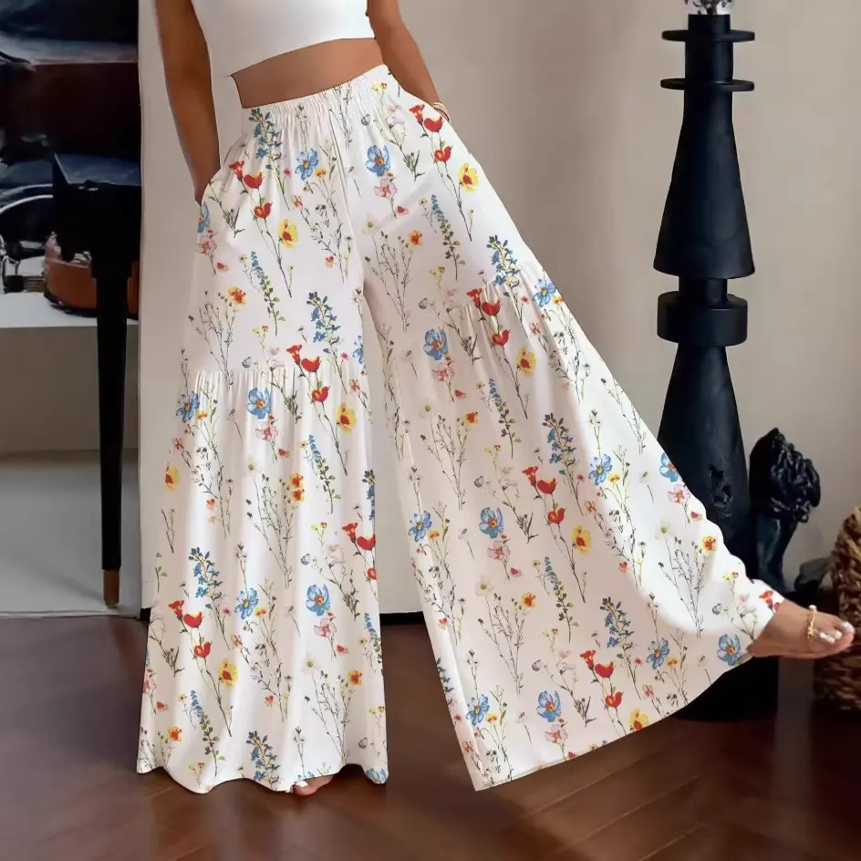 Women's 2026 Summer Sun-Protective Floral Pants, High Waist-Elastic Waistband, Thin Flowy Loose Wide-Leg Long Trousers, Elastic Waist Pants