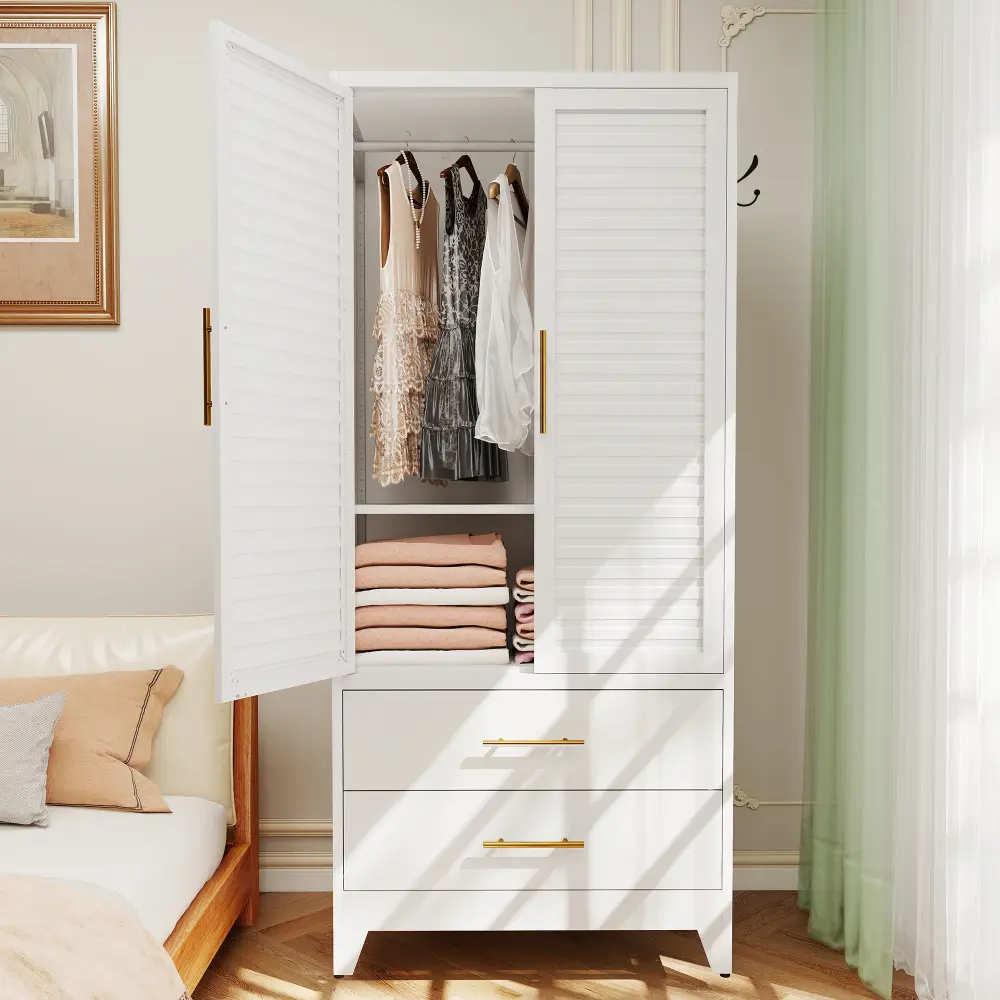 White Metal Wardrobe Closet with 2 Doors and Drawers, 71″ Tall Storage Cabinet for Bedroom, Lightweight Portable Closet for Small Apartments, Dorm, Renters, Cold Rolled Steel, Easy Assembly