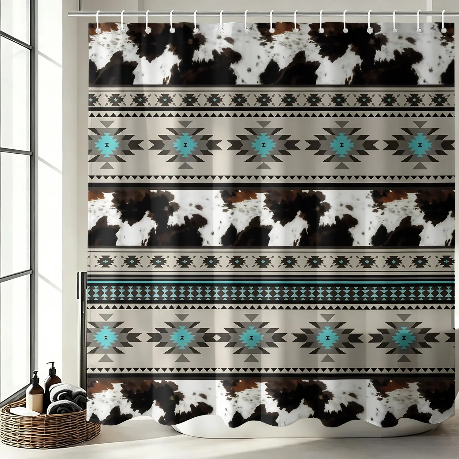 1PC Rustic Western Cow Print Aztec Aesthetic Shower Curtain Set, Waterproof Cloth Fabric Bathtub Curtain 72"x72" with 12 Hooks, Southwestern Turquoise Tribal Bathroom Decor Accessories
