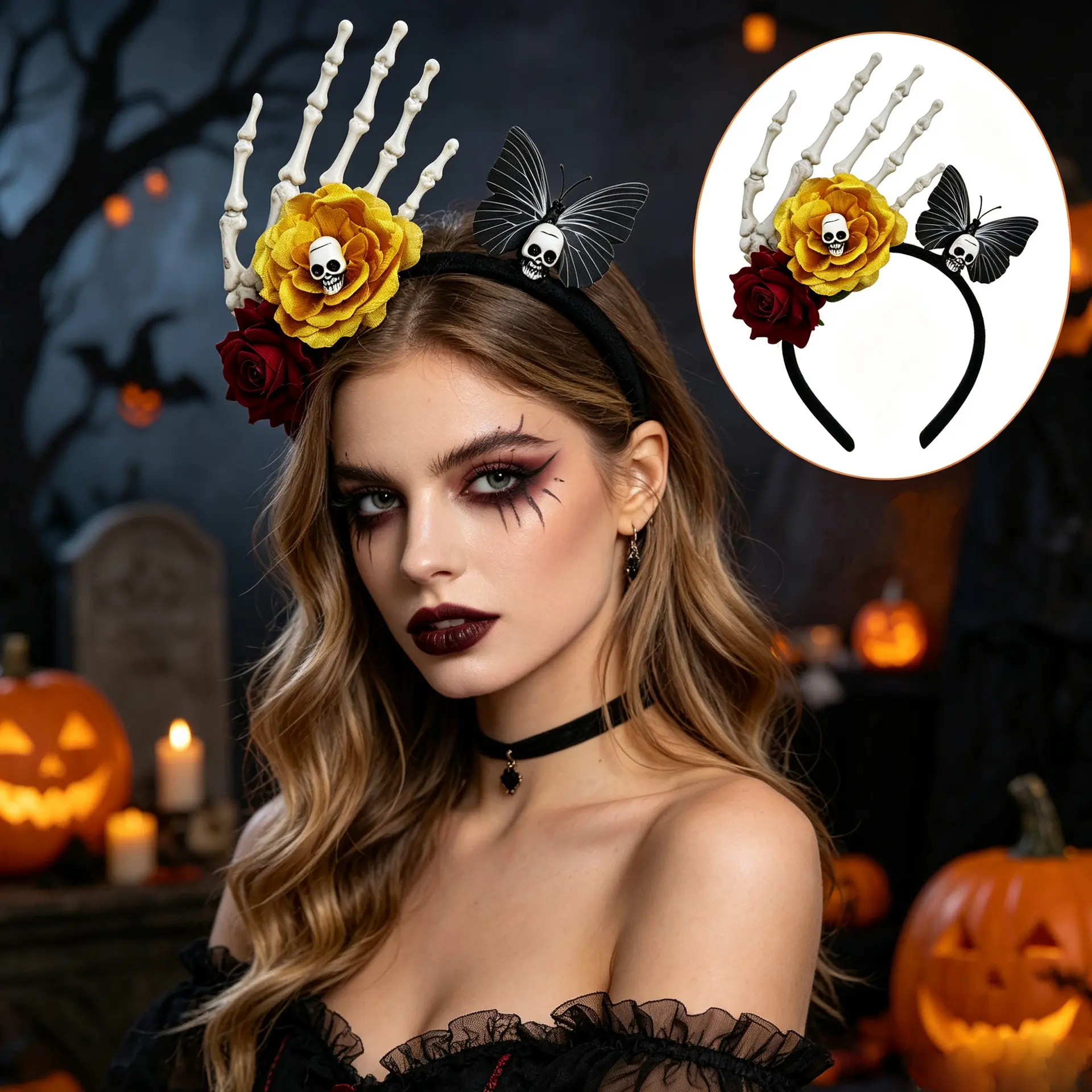 Polyester Halloween Skeleton Hand Rose Flower Headband - Gothic Skull Butterfly Decor Hair Hoop, Spooky Cosplay Costume Wear Accessory, Luggage Bag Charm Hat Accessory
