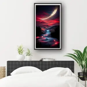 A set of 2D flat frameless handmade DIY diamond painting kit featuring dreamy starry sky, meteor waterfall and red night sky landscape, ideal for home decor and craft enthusiasts