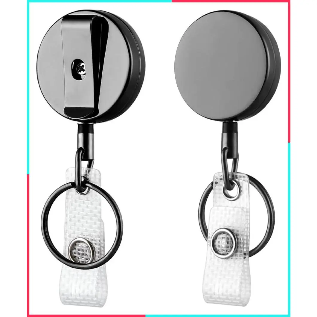 2 Pack Retractable Keychain - Metal Badge Reel - Glossy Black