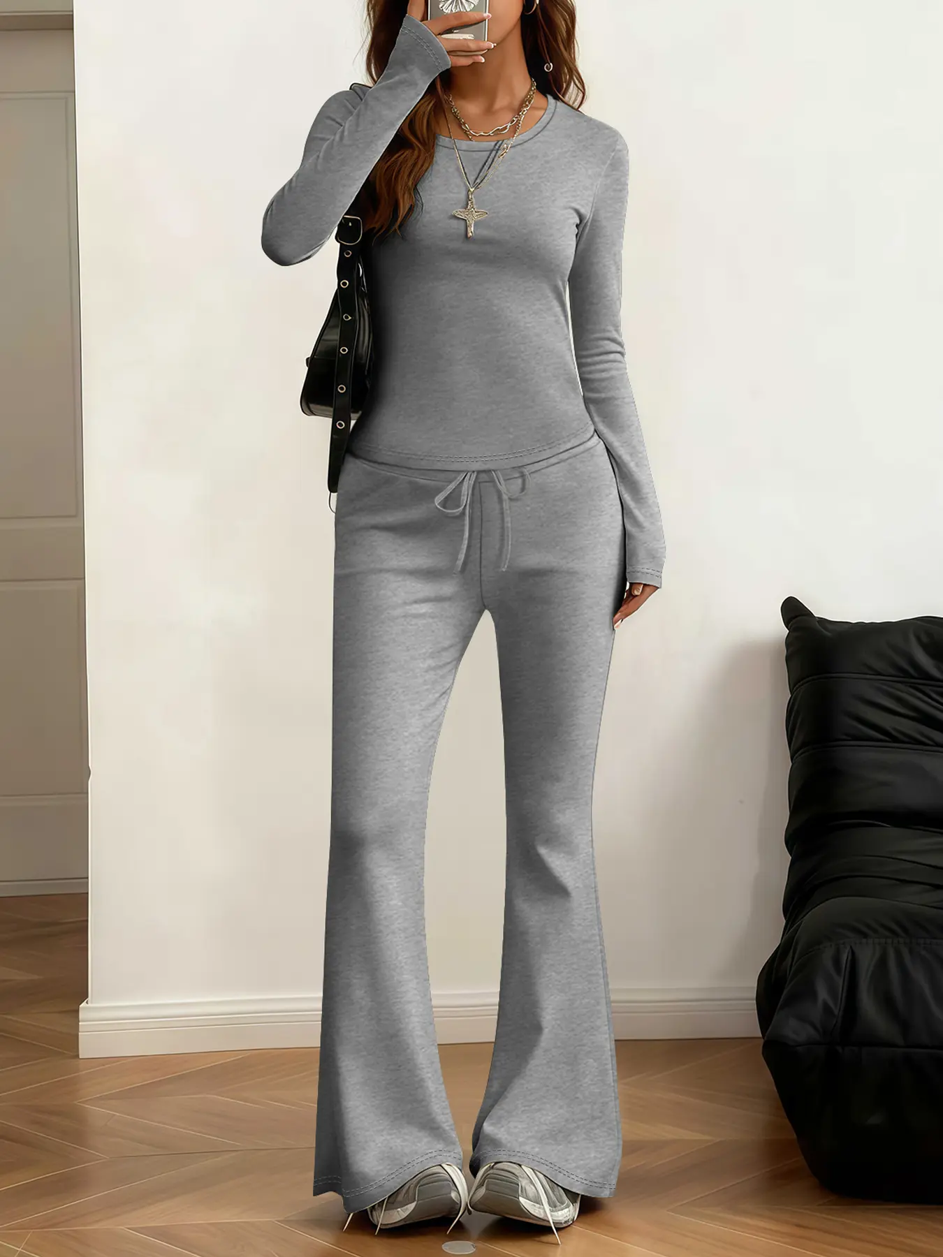 2-Pack Women's Matching Outfit, Simple Long Sleeve Tee and Micro Flare Pants Set