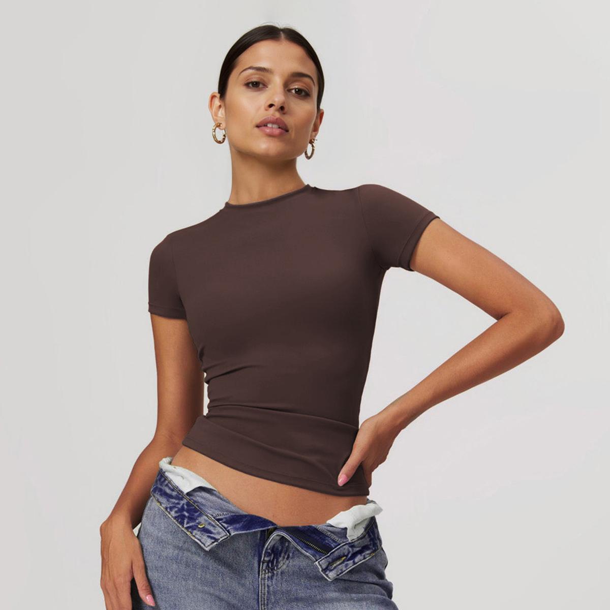 Women's Minimalist Solid Color Round Neck Short Sleeve Slim Top, Spring & Summer Stretchy Brushed Clothes, Quick Drying Yoga Top, Comfort Outfit