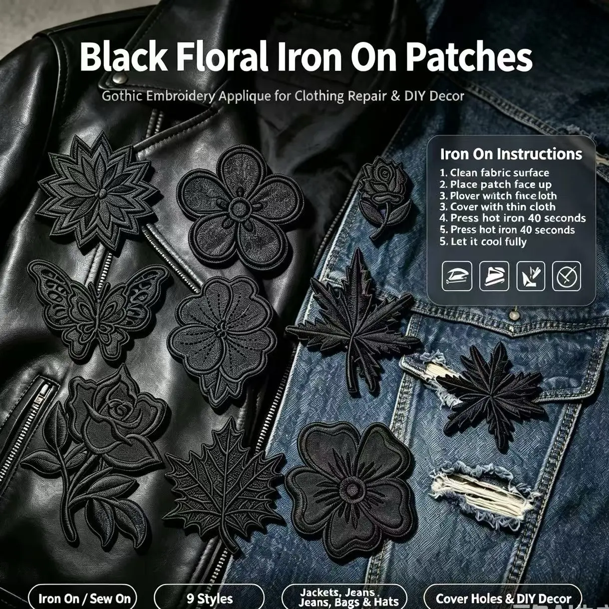 Black floral pattern ironing patch with embroidery - fun design - easy to sew or iron, durable fabric badge, suitable for personalizing jackets, bags, and more