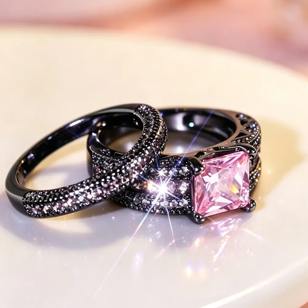 Women's Stackable Copper Pave Bridal Ring Set, Princess Cut Blush Pink Stone Halo, 2-Piece Design for Engagement & Weddings