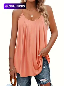 【Plus Size】Plain Plicated Scoop Neck Cami Top, Casual Adjustable Spaghetti Strap Top for Summer, Summer Outfits 2024, Women's Plus Size Clothing for Daily Wear