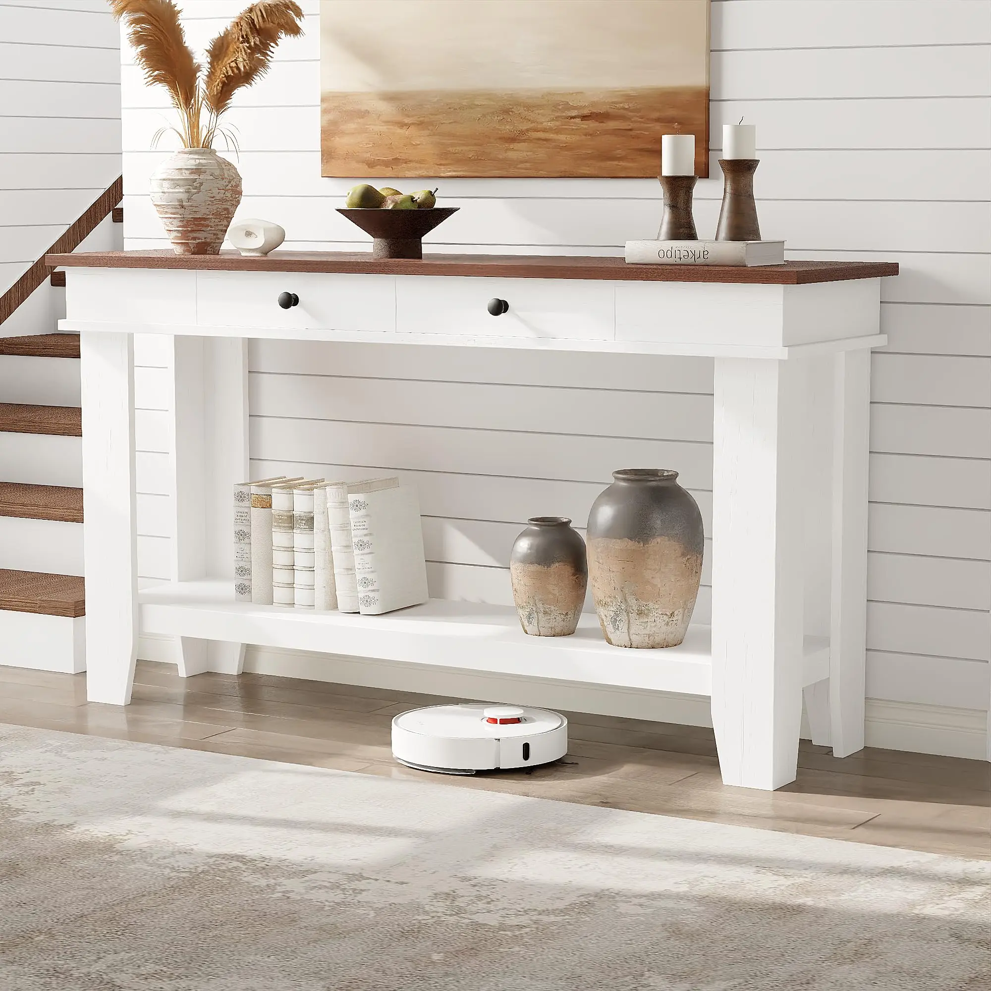 Rustic Long Console Sofa Table with Drawers & Storage Shelf, Stable L-Shape Leg Entryway Foyer Table, Multi-scene Narrow Hallway Table Suitable Behind Sofa or Front Door
