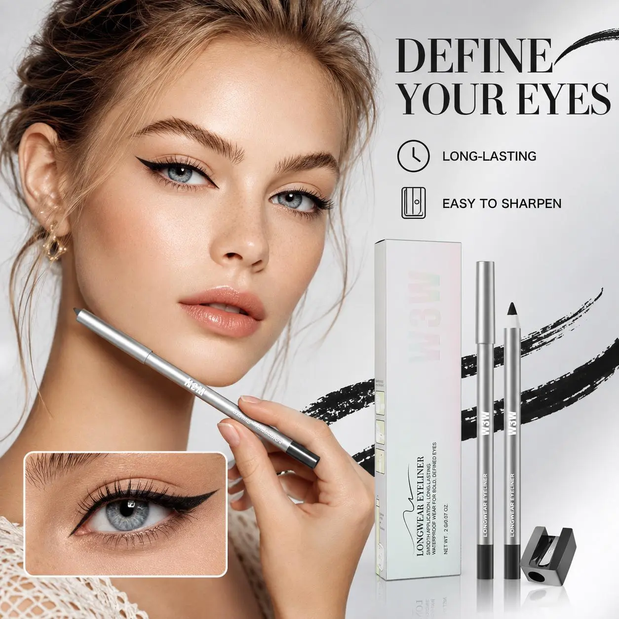 Waterproof Gel Eyeliner Pencil with Sharpener, Long-Lasting Smudge-Proof Creamy Formula for Waterline, Tightlining, Winged and Smoky Eye Makeup Lipliner