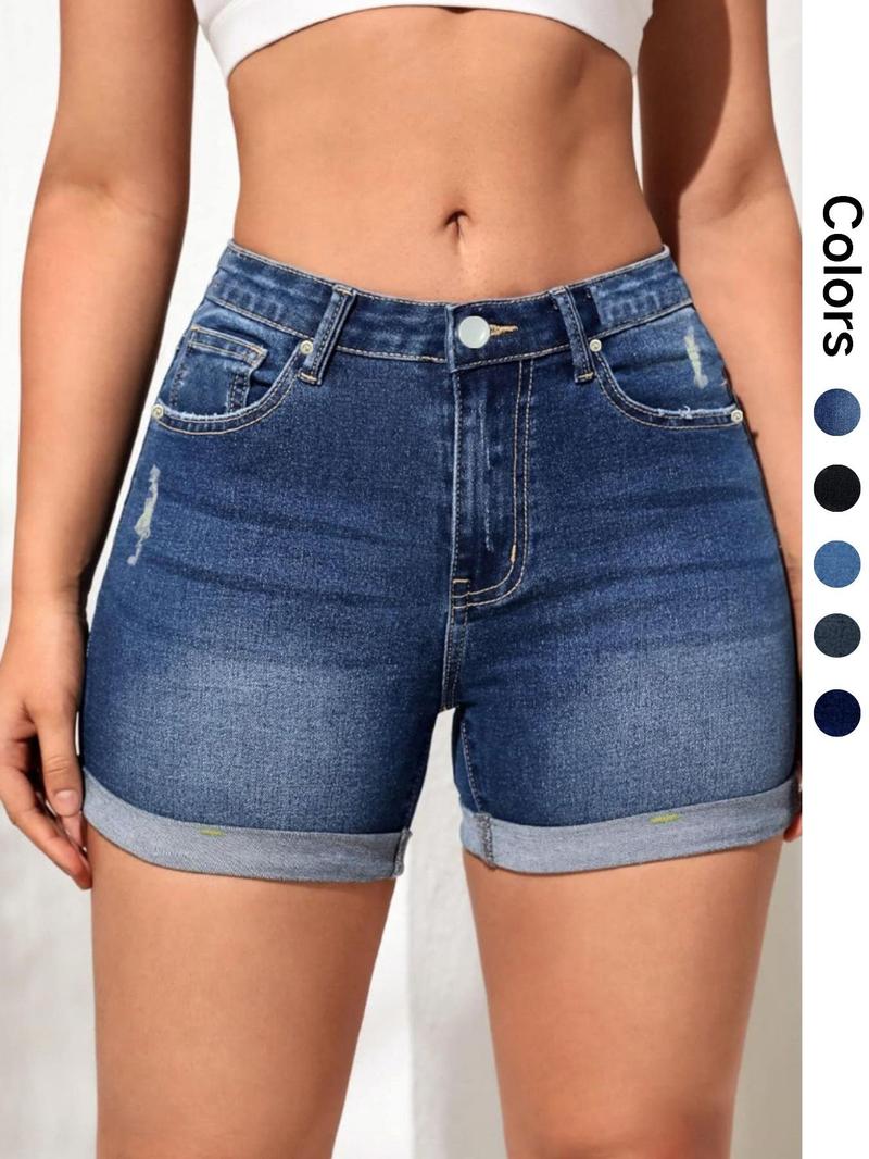 Women's Ripped Pocket Denim Shorts, Casual Stretchy Denim Shorts for Daily Wear, Ladies Bottoms for Summer, Womenswear