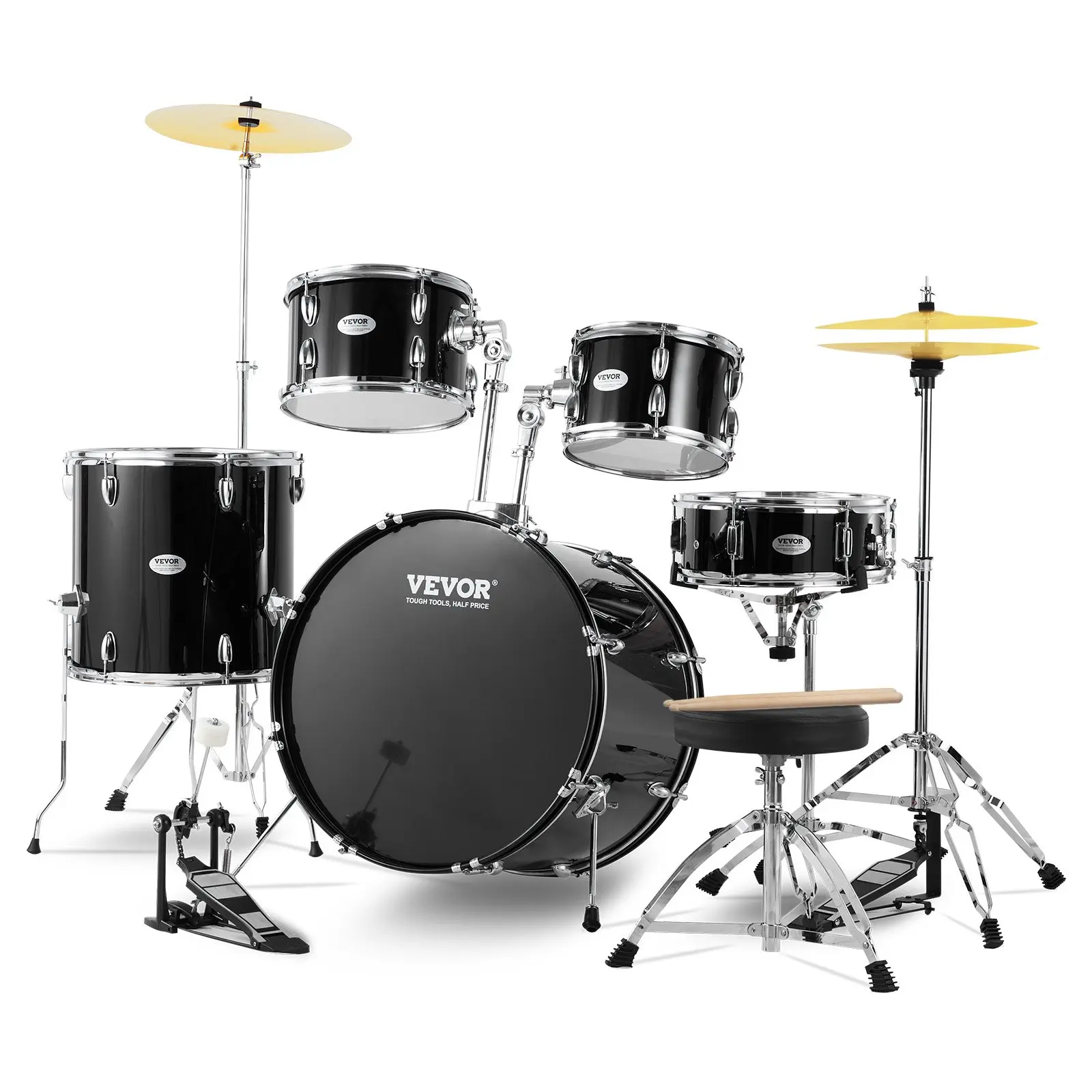 【toolupgrade】VEVOR Unisex 5-Piece 22-in Full Size Poplar Shell Drums Kit, Complete with Bass, Toms, Snare, Floor Tom, Adjustable Throne, Stand, Cymbal, Hi-Hat Pedal, Drumsticks, Black Beginner Adult Set
