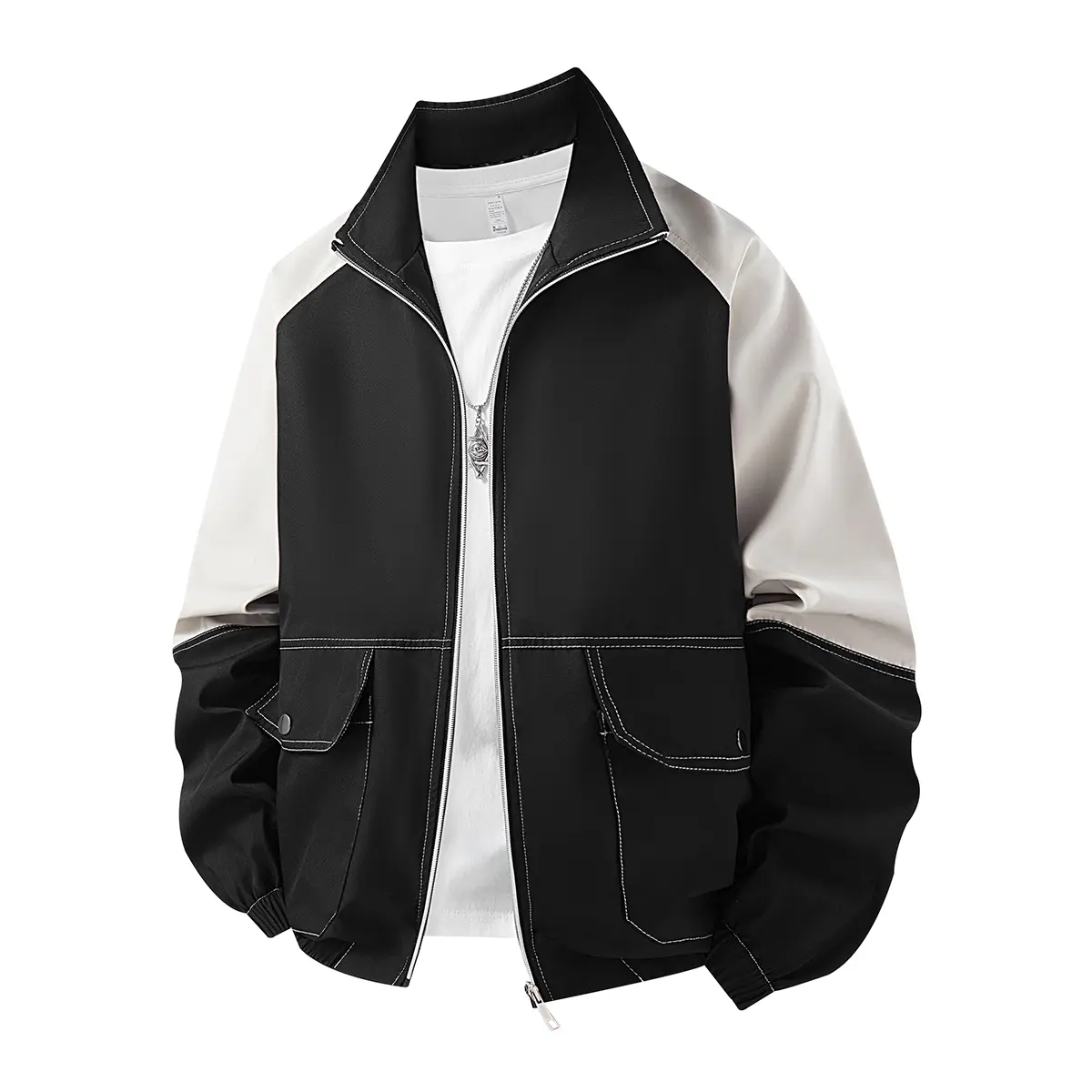 Men's stand up collar spliced workwear jacket, open threaded flap pocket full zipper jacket, elastic cuffs retro casual top, suitable for daily street wear in spring and autumn.