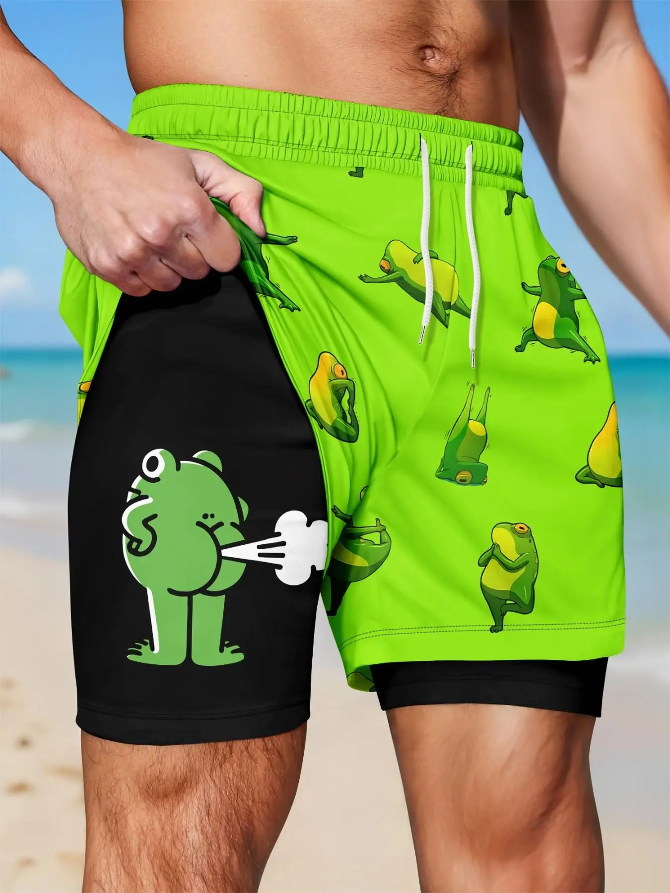 Men Double Layer Drawstring Casual Shorts, Funny Cartoon Frog Pattern Print Quick Dry Stretch Short Pants, Summer Beach Outdoor Vacation Daily Athletic Bottoms.