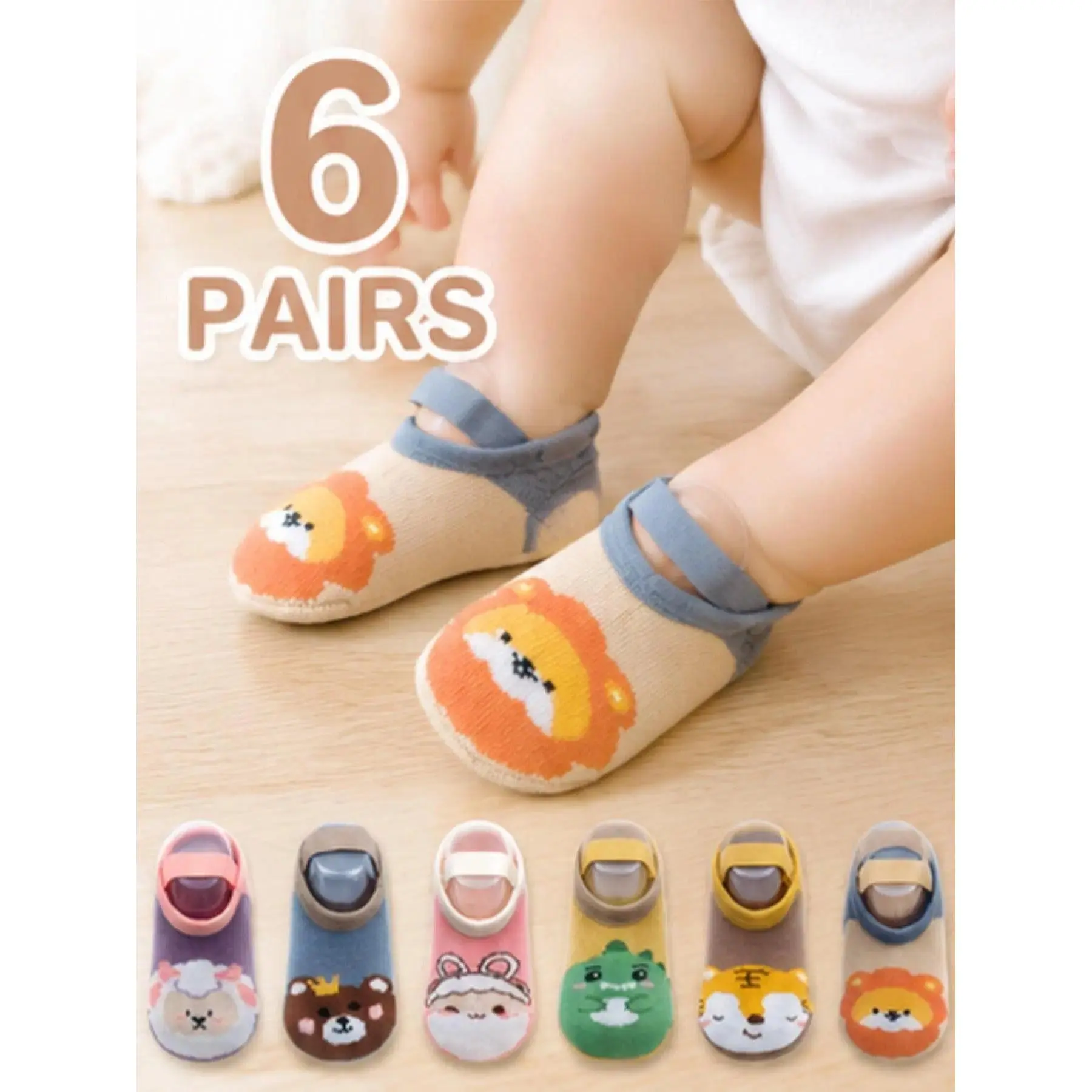 6 Pairs Kids Socks, Baby Toddler Non-Slip Indoor Floor Socks, Toddler Grip Socks, Cartoon Animal Design, Unisex Children Anti-Skid Socks for Boys & Girls, Socks Set