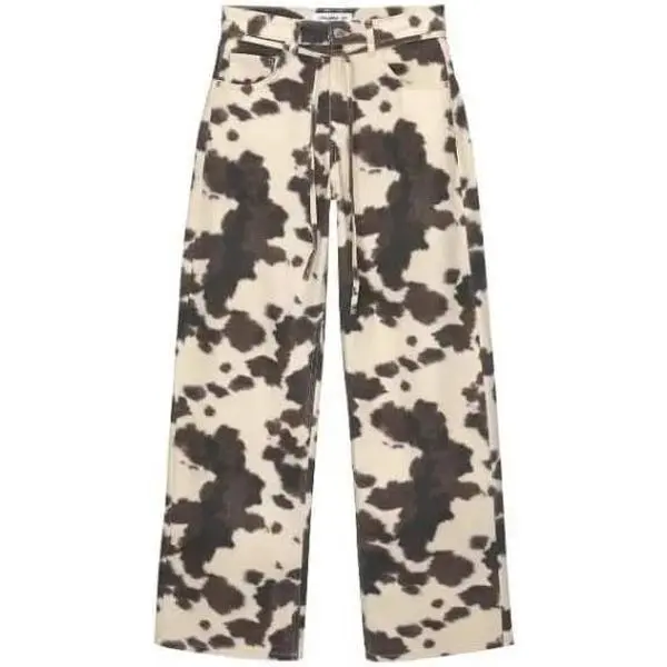 Xojbzoo Cow Print Baggy Jeans – Y2K Vintage Wide Leg Denim Pants with High Waisted Fit, Unisex Retro Streetwear, Trouser, Casual