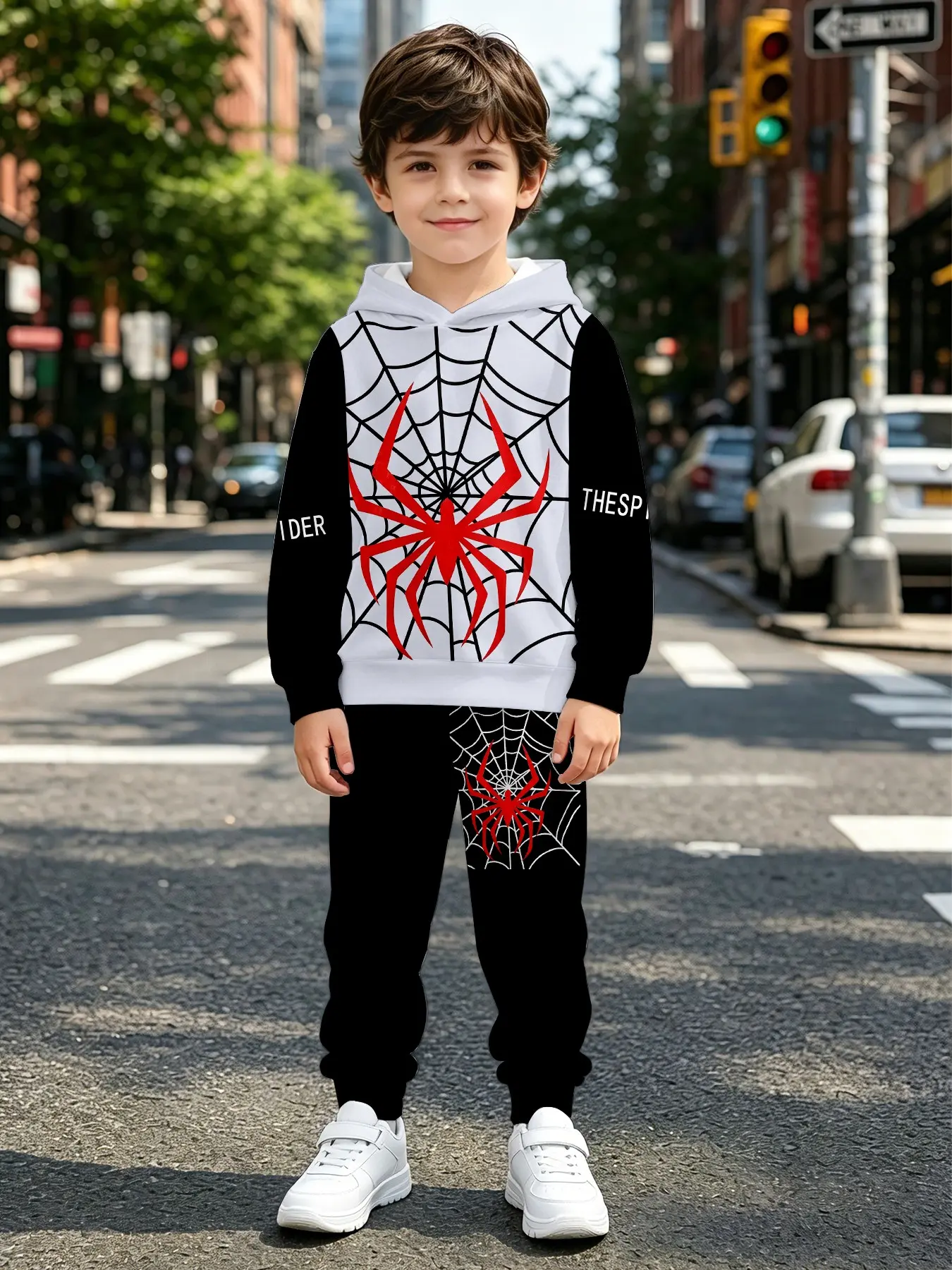Boys' Spider Web 3D Printed Hoodie Set, Casual Slim Fit Two-Piece, Perfect for Outdoor & Christmas Gifts