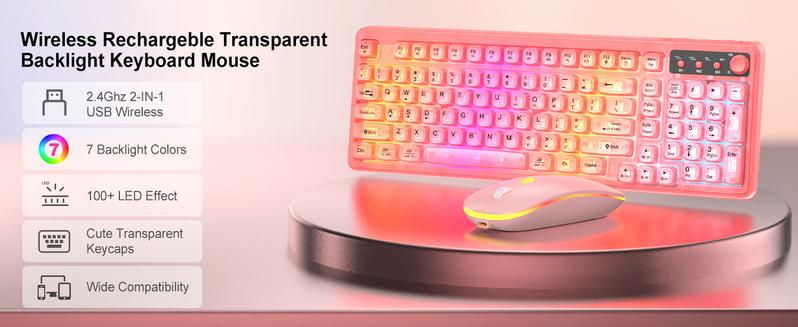 Pink Light Up Keyboard and Mouse Wireless,Cute 2.4Ghz Cordless Rechargeable Transparent Backlit Keyboard,15 Backlight Effects,Volume Knob,RGB Mouse with 3 DPI for Mac Computer PC Laptop Desktop iPad