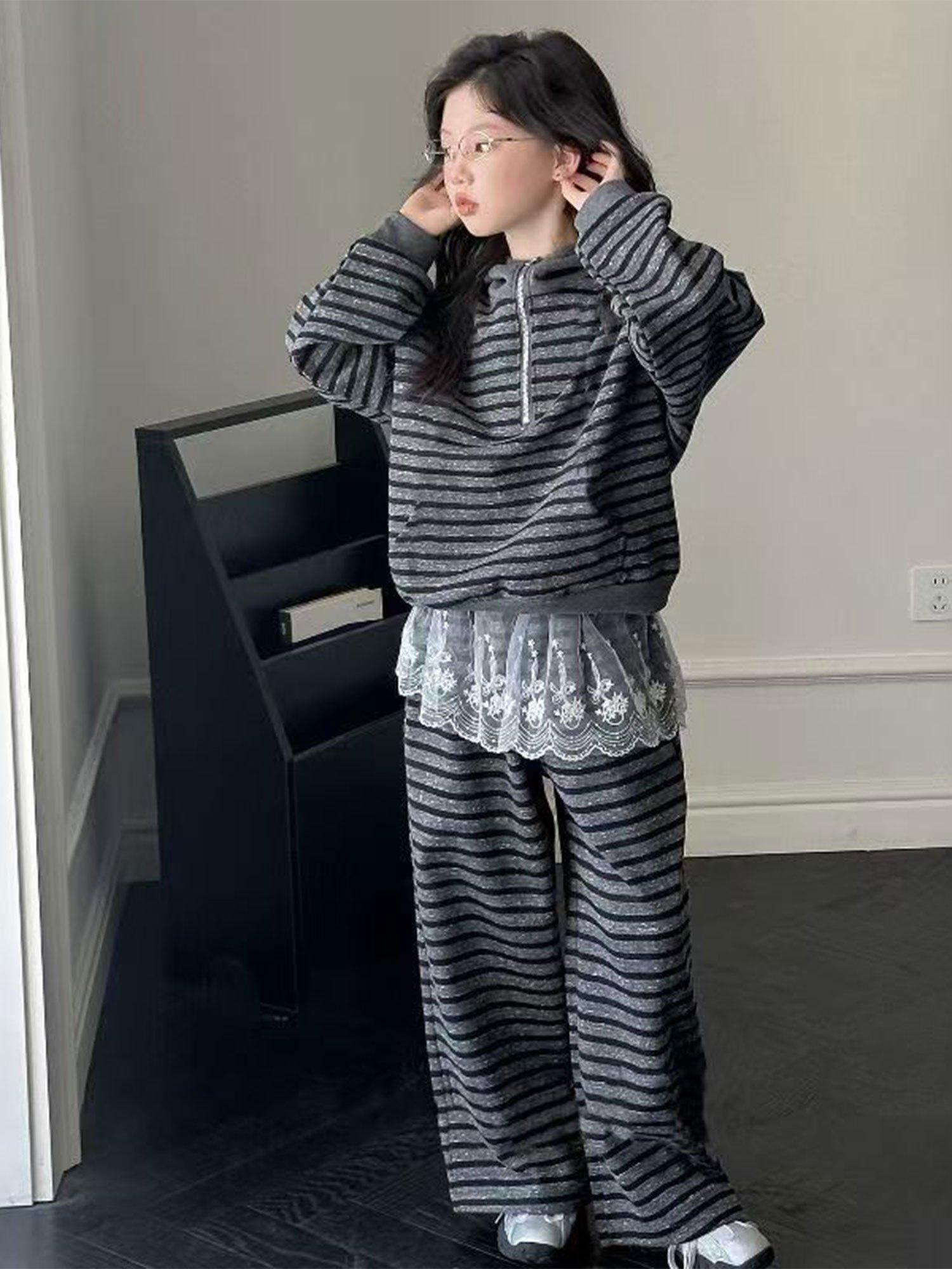 2025 Spring & Autumn New Girls' Striped 2pcs Set (Girls Clothes 10 to 12) - Hooded Half-Zip Sweatshirt with Lace Panels & Casual Wide-Leg Pants, for Outdoor