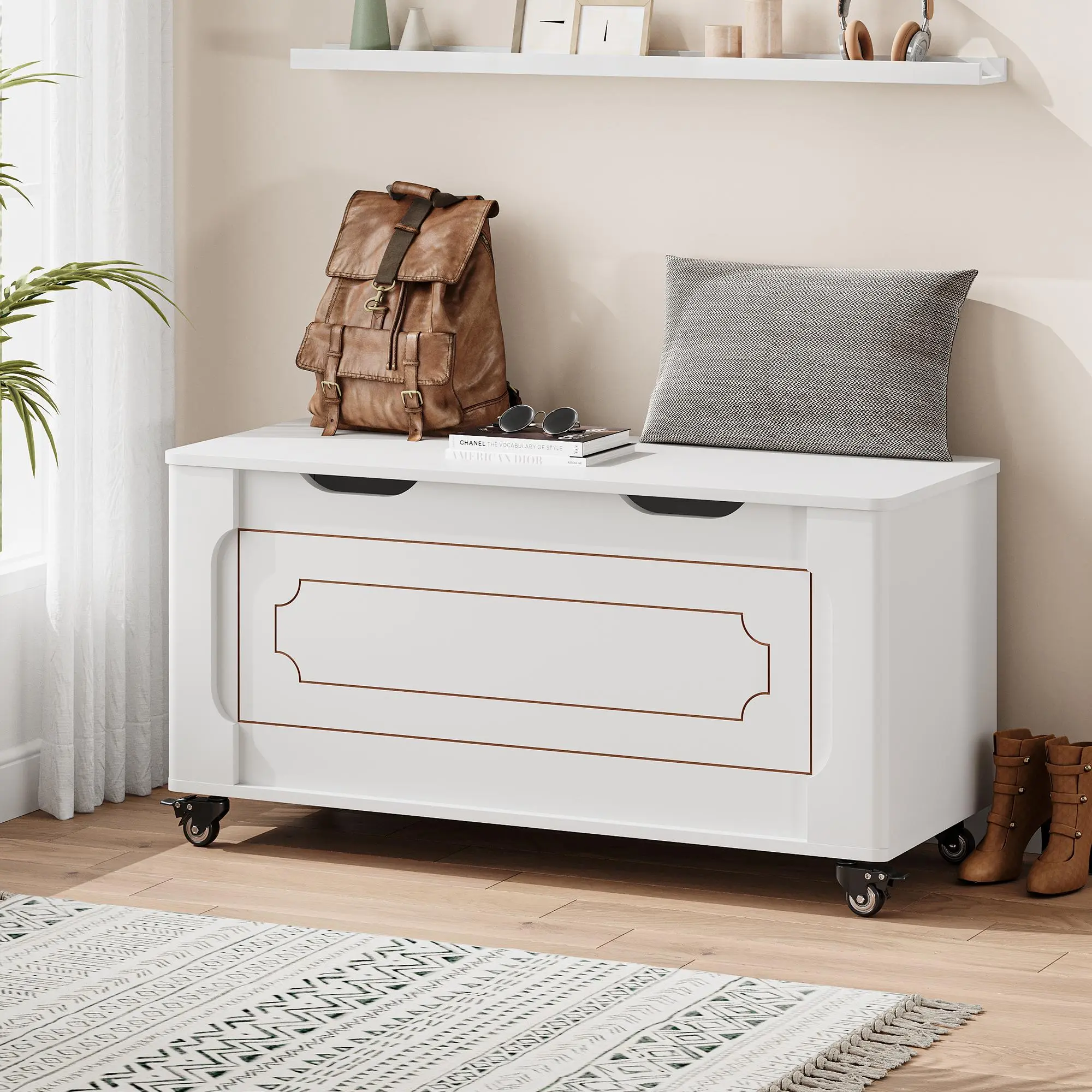 Farmhouse Storage Chest with 4 Wheels, 39.4 Inch Wooden Storage Bench Blanket Chest with 2 Safety Hinges, Round Corner Storage Trunk for Entryway, Living Room, Bedroom, White