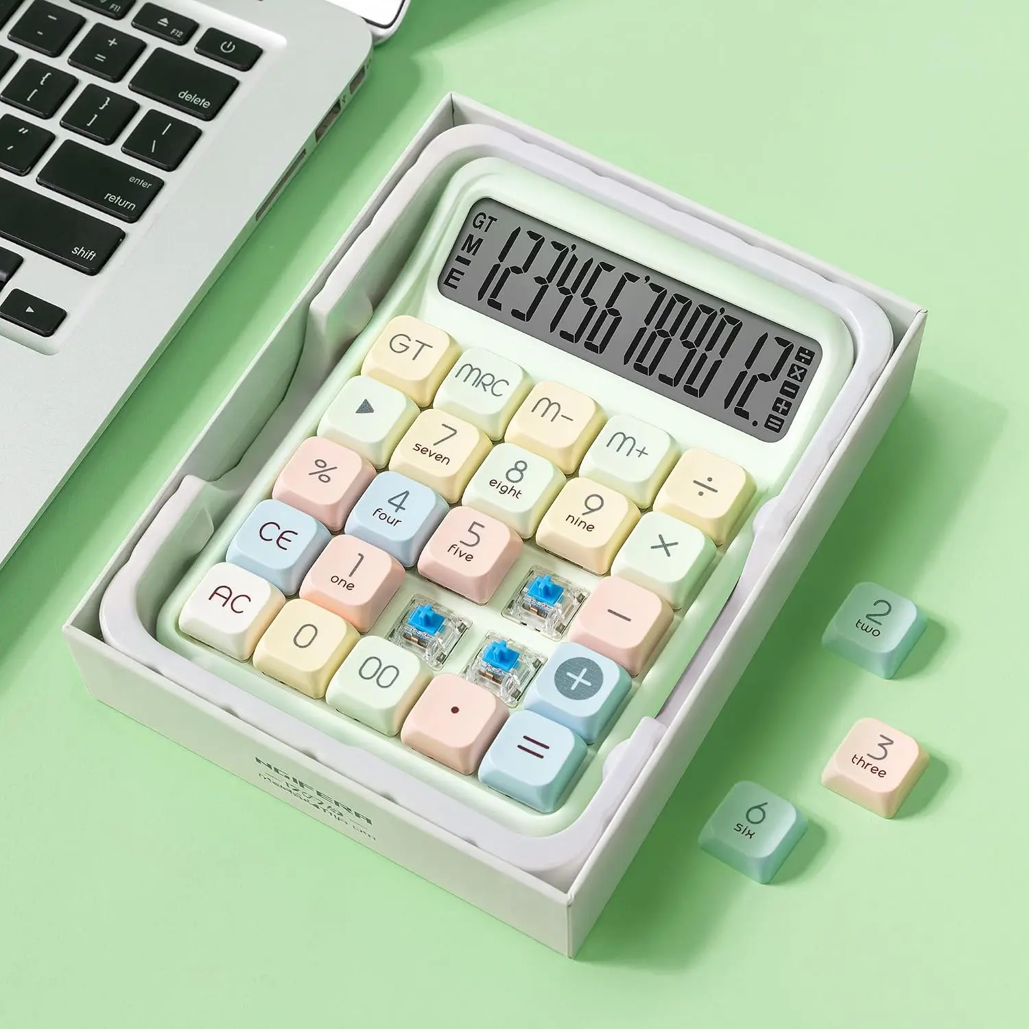Desk Calculator, 12 Digit Large LCD Display, Big Buttons,  15° Tilt, Real Mechanical Keypad,  Box Desktop Calculator for Office and Study (Mint Green)