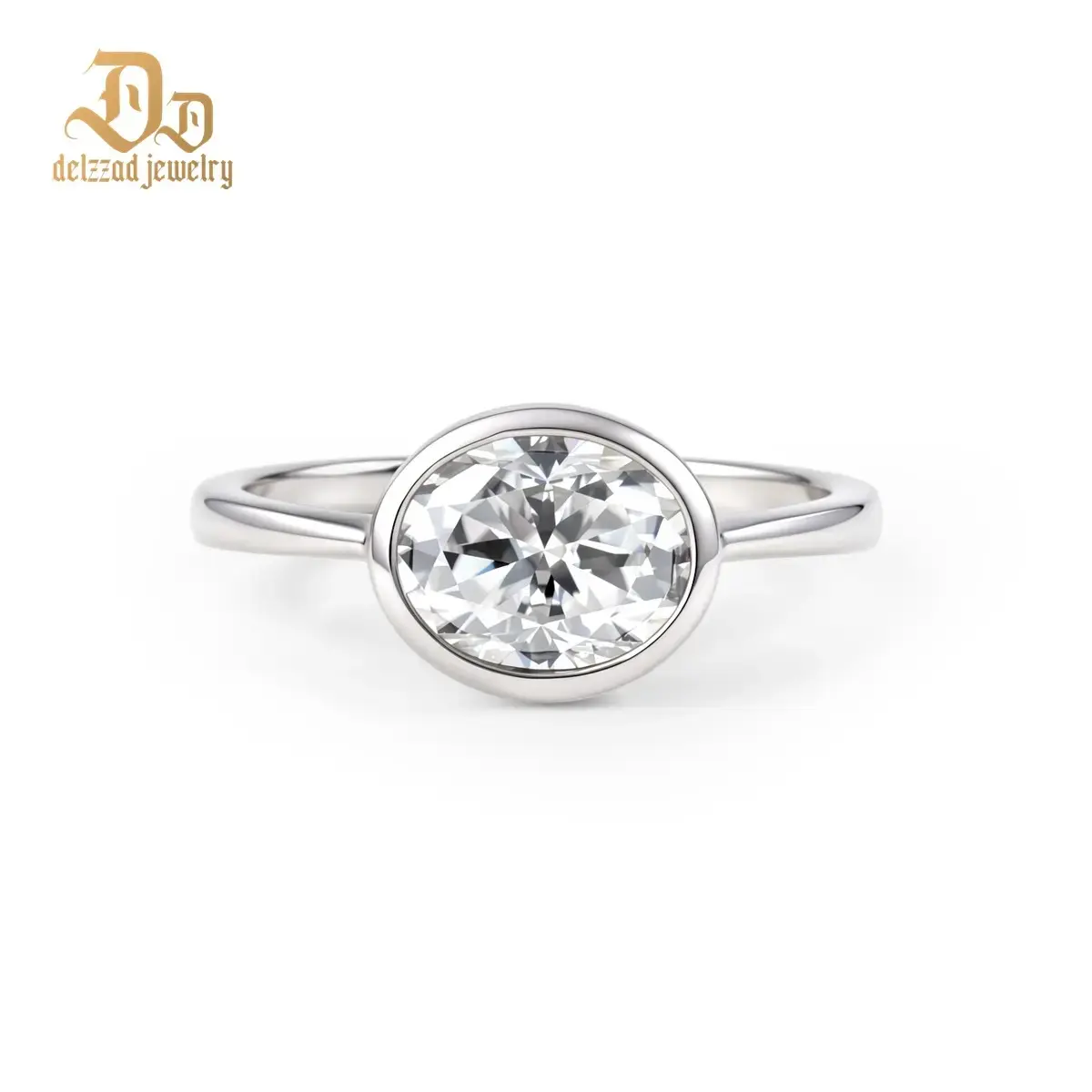 Delzzad 2ct Lucid Moon Ring East to West Oval Bezel Engagement Ring Band VVS Synthetic Moissanite Ring Jewelry Copper Band Perfect Birthday Engagement Wedding Anniversary Christmas Valentine's Day Mother's Day Gift