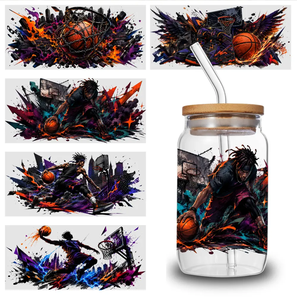 5 Pcs Basketball Player Art UV DTF Waterproof Self-Adhesive Stickers - 9.4x4.3in Custom Sticker Prints, 3D Effect Vinyl Transfer Paper Prints for 16oz Glass Jars,Cups Home Decor Packaging