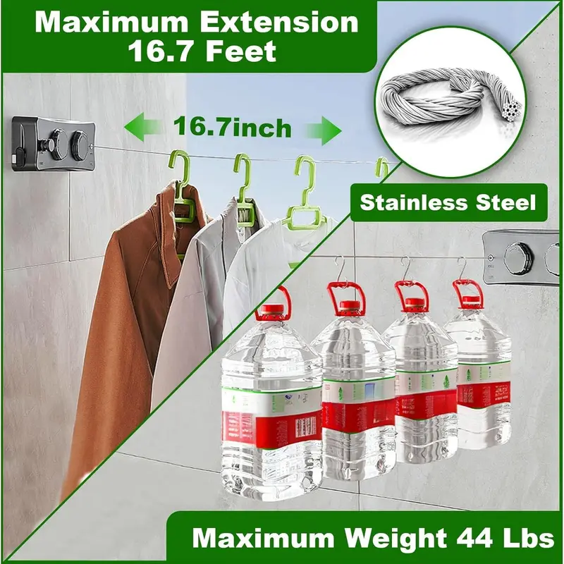 Invisible Clothesline Extensible Retractable No-Hole Clothes Rack, Balcony Bathroom Indoor Stainless Steel Wire Clothes Hanger, Practical Wall-Mounted Extendable Clothes Rack