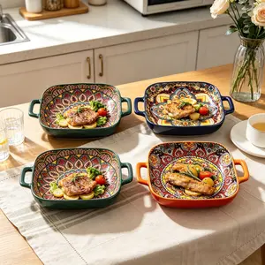 4pcs Rectangular Modern Ceramic Dinnerware Set with Dual Handles, Square Serving Plates, Sushi Dessert Salad Dishes, Microwave Oven Safe, Home Kitchen Restaurant Use