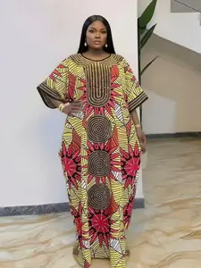New high-end party rhinestone loose large-size ethnic boubou kaftan women's dress, elegant and classy, plus-size party, holiday, daily wear, women's beach vacation summer dress with scarf and pockets 2026