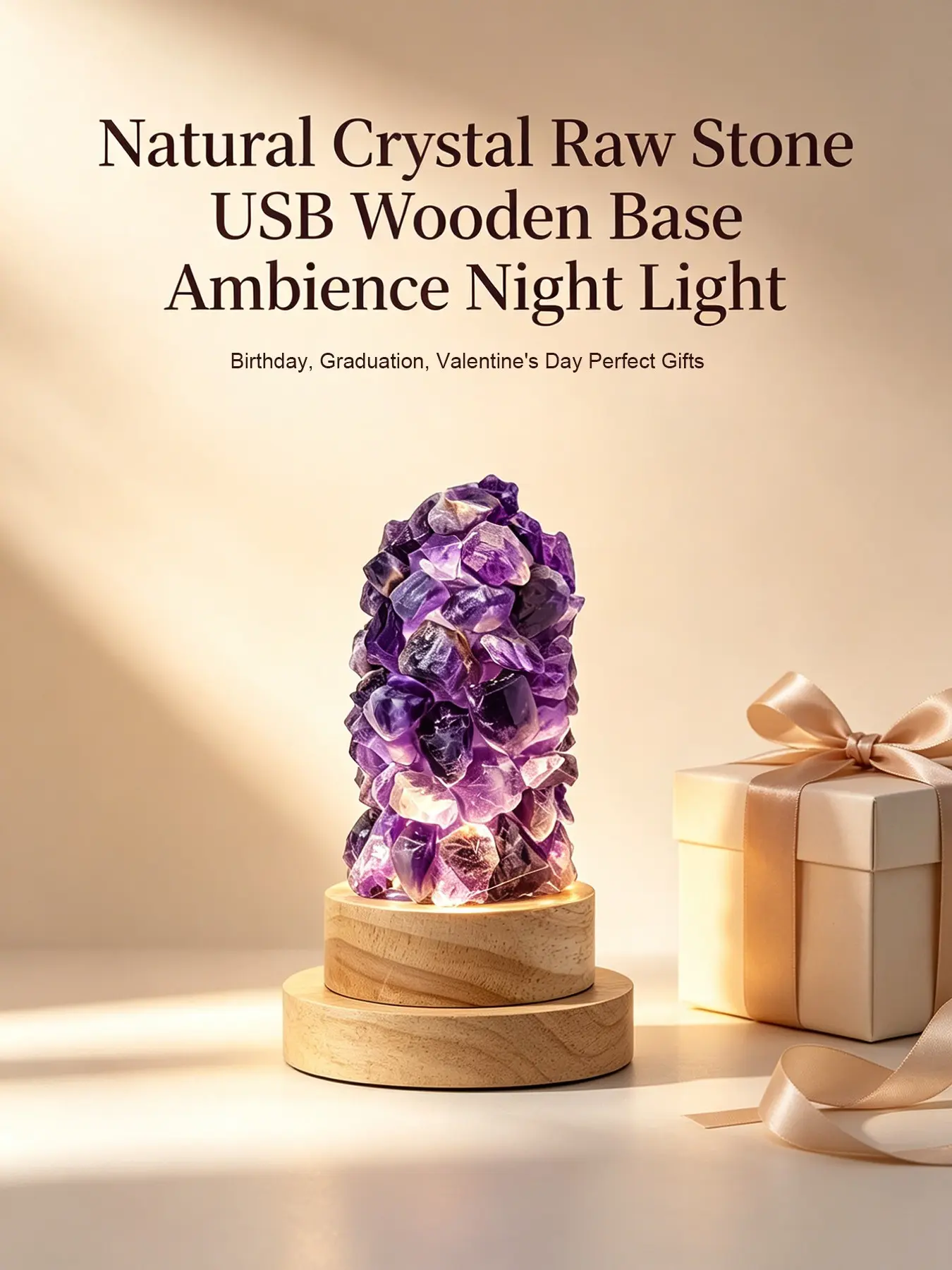 Natural Crystal Lamp, USB Interface with Base, Bedside Night Light, Amethyst Quartz Turquoise Desk Decor, Decorative Light, Christmas Valentine Gift