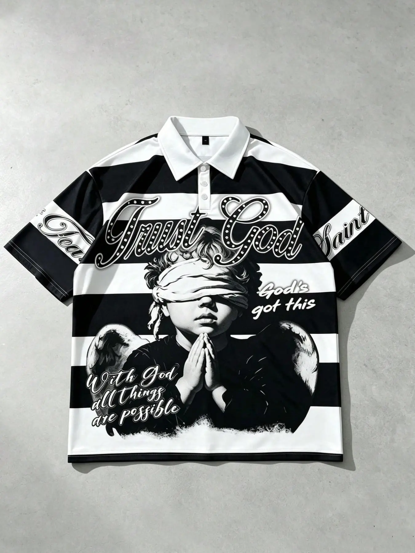 Y2K Retro Striped Polo Shirt featuring an "Angel at Prayer" graphic and "TRUST GOD" slogan print; designed with a contrasting collar and a loose, oversized fit in breathable mesh fabric—perfect for street, skate, and casual wear.