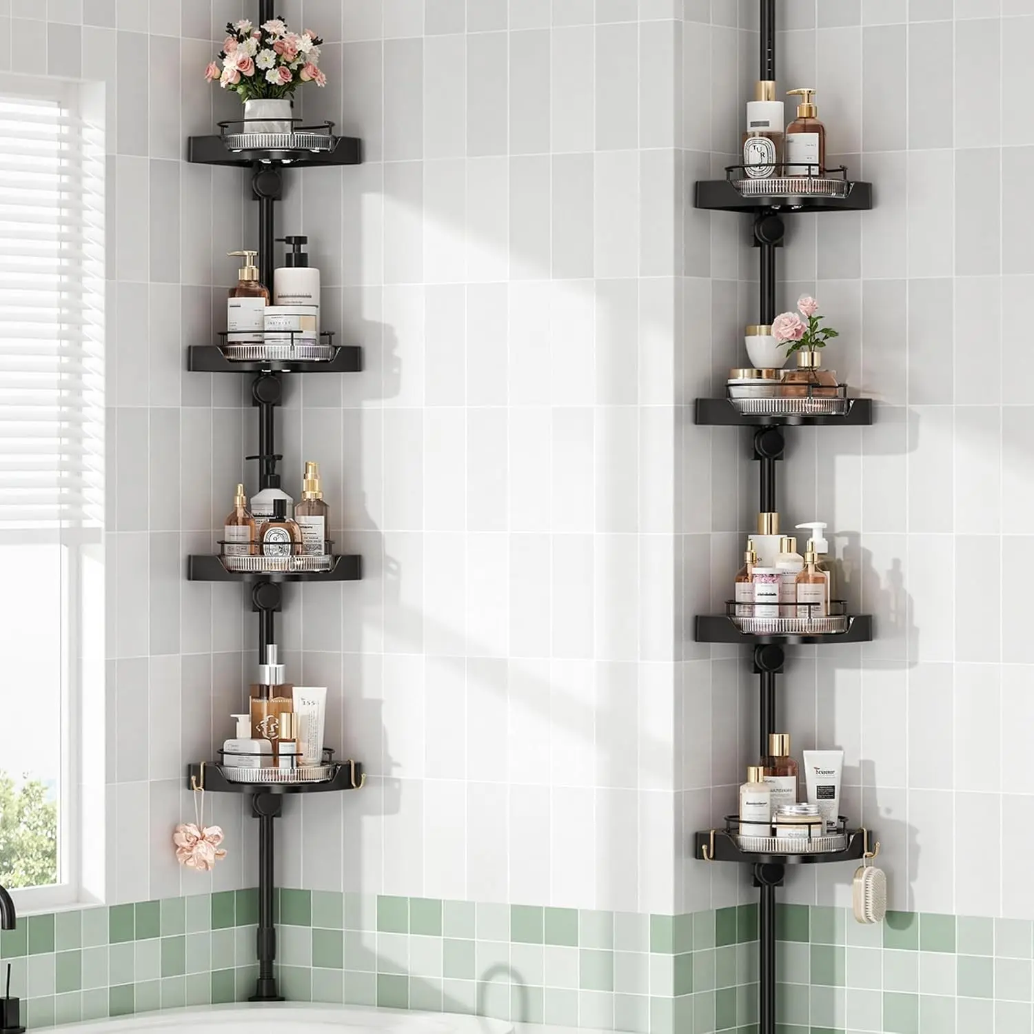Black 360° Rotating Corner Bath Shower Caddy Tension Pole Organizer, 4-Tier Rotating Shelves with Hooks, Adjustable Tray Height, Upgraded Rustproof Metal Pole, Removable Trays, Plastic Components, Easy Installation for Bathroom Storage