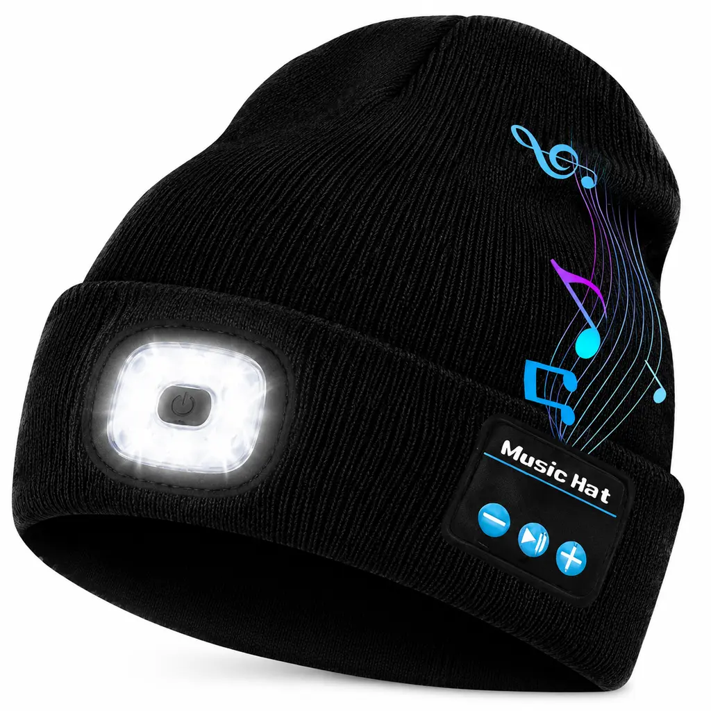 Unisex Acrylic Bluetooth Beanie with LED Light | Built-in Speaker Mic & USB Port | Removable Rechargeable Power Bank for Outdoor Winter Sports
