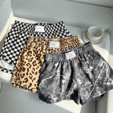 3-piece set, retro checkerboard pattern+sexy leopard print full print shorts, elastic waist loose casual sports shorts, women's summer daily beach vacation and versatile wear on the street, Casual Chic Summer Plaid Shorts