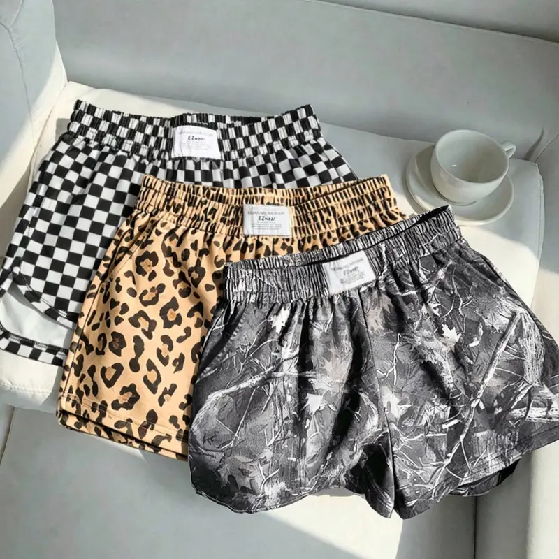 3-piece set, retro checkerboard pattern+sexy leopard print full print shorts, elastic waist loose casual sports shorts, women's summer daily beach vacation and versatile wear on the street, Casual Chic Summer Plaid Shorts