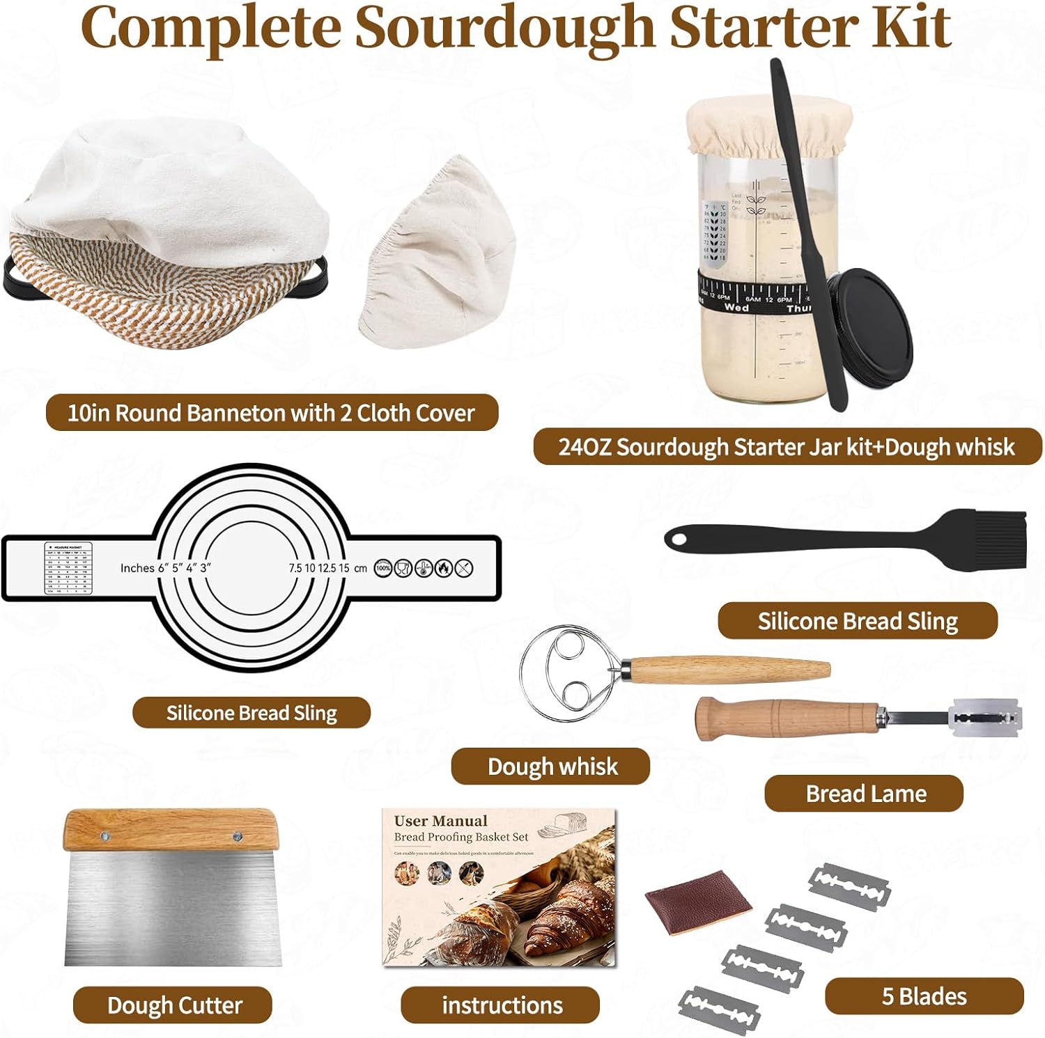 Sourdough Starter Kit, Banneton Bread Proofing Basket 10 Inch Round, Sourdough Bread Baking Supplies with Starter Jar, Bread Sling, Lame, Danish Dough Whisk – Complete Sourdough Kit Gifts for Home Bakers