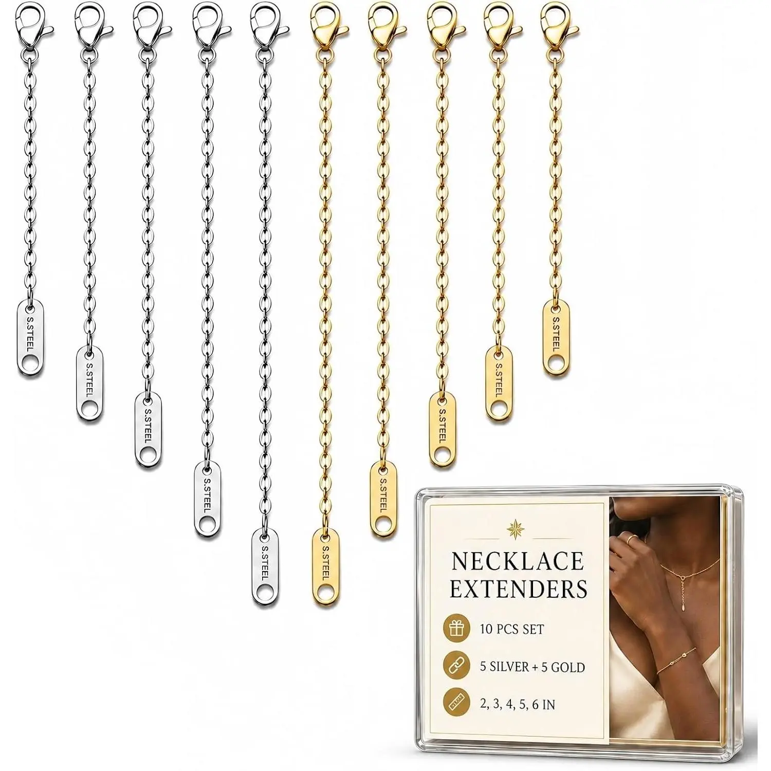 3 count  Necklace Extenders for Women, Stainless Steel Necklace Extension Chains 2 4 6 Inch, Adjustable Necklace Lengthener with Lobster Clasp for Chokers, Pendants, Layered